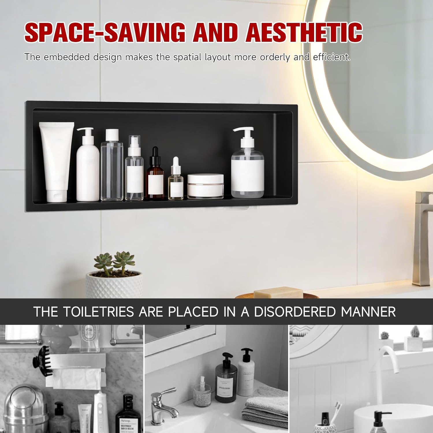 No Tile Needed Shower Niche 12"X 36", Bathroom Wall Niche Single Shelf, Stainless Steel Shower Niche for Bathroom, Kitchens, Balconies