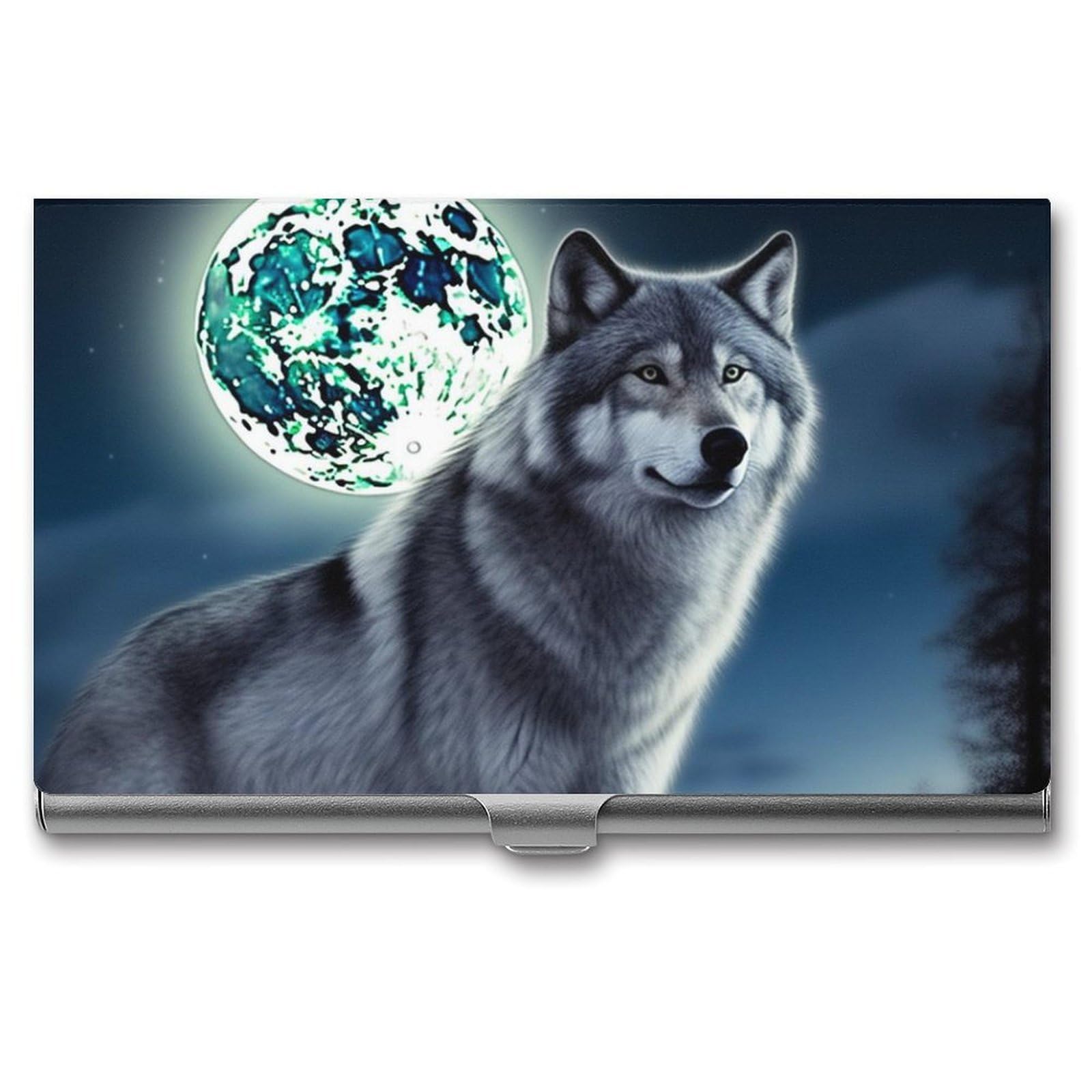 DWVTSLH Wolf Under Moon Business Card Holder, Slim Portable Metal Business Card Case Pocket Wallet Professional Name Cards Holder for 22-30 Cards, Credit Card ID Case/Holder for Men Women