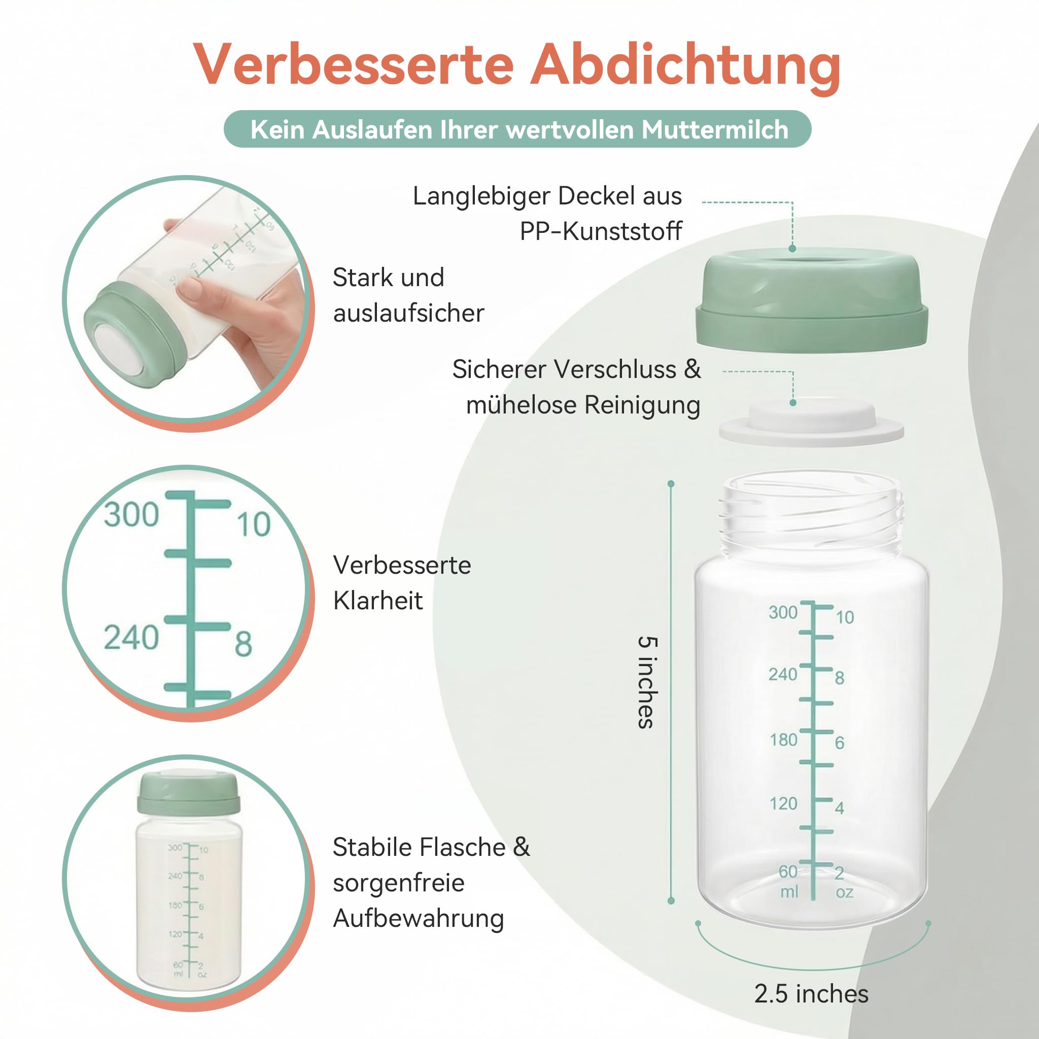4 Pack 300ml Muttermilch-Aufbewahrungsflaschen für Momcozy 650ml Kühlbox.Auslaufsichere Weithals-Pumpflaschen kompatibel mit Spectra S1 S2 9 Plus SG Motif Luna (Grüne)