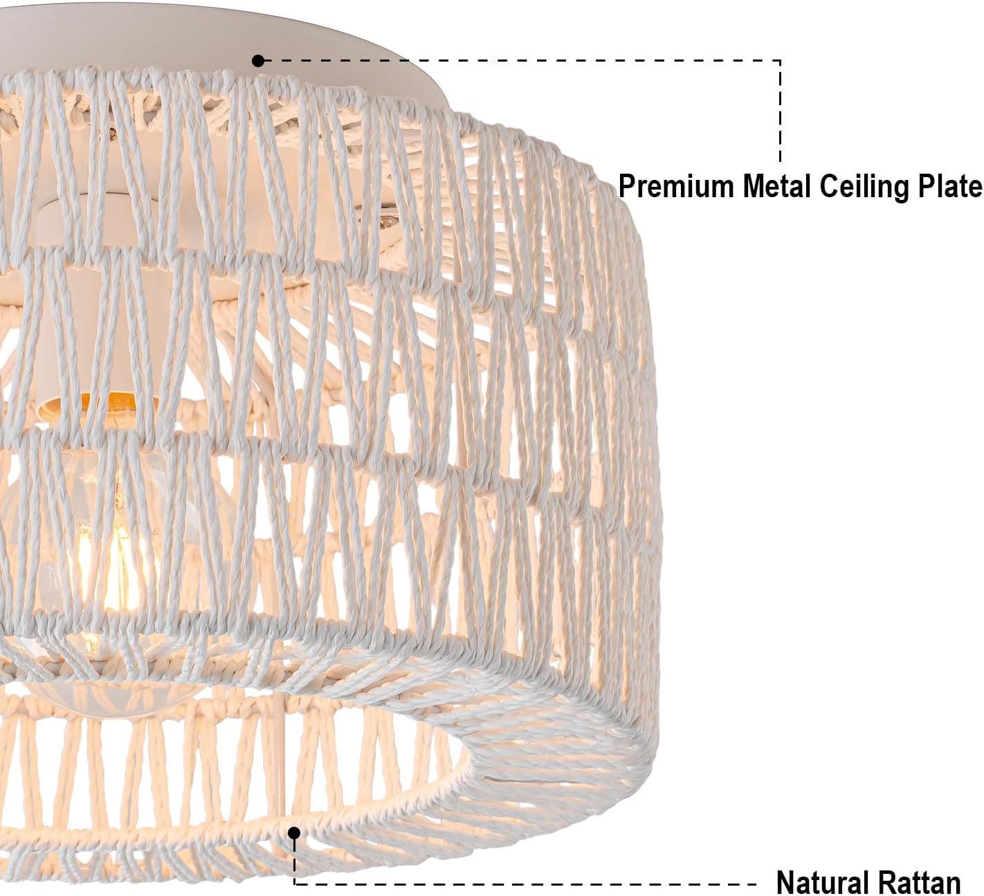 SineRise Rattan Ceiling Light Fixtures (12-Inch, LED Bulb Included), Hand-Woven Boho Flush Mount Ceiling Light, Rattan Chandelier for Hallway Kitchen Farmhouse Foyer Entryway Living Room(White)