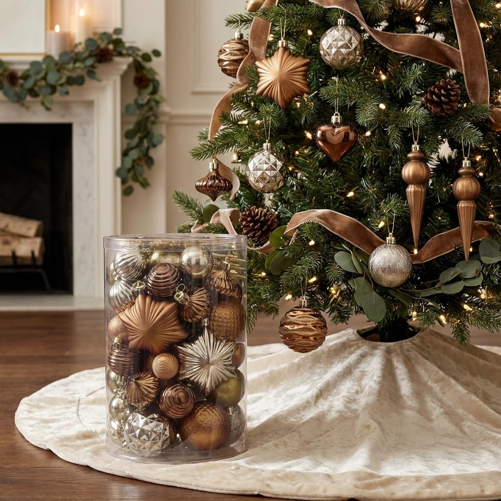 Valery Madelyn Lot de 60 boules de décoration pour sapin de Noël, bronze, cuivré, marron, doré, incassables à suspendre pour décoration de fête de Noël