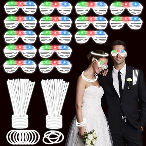 115 piezas de suministros de fiesta que brillan en la oscuridad, 100 collares blancos brillantes a granel, 15 lentes LED, juguete con luz LED para