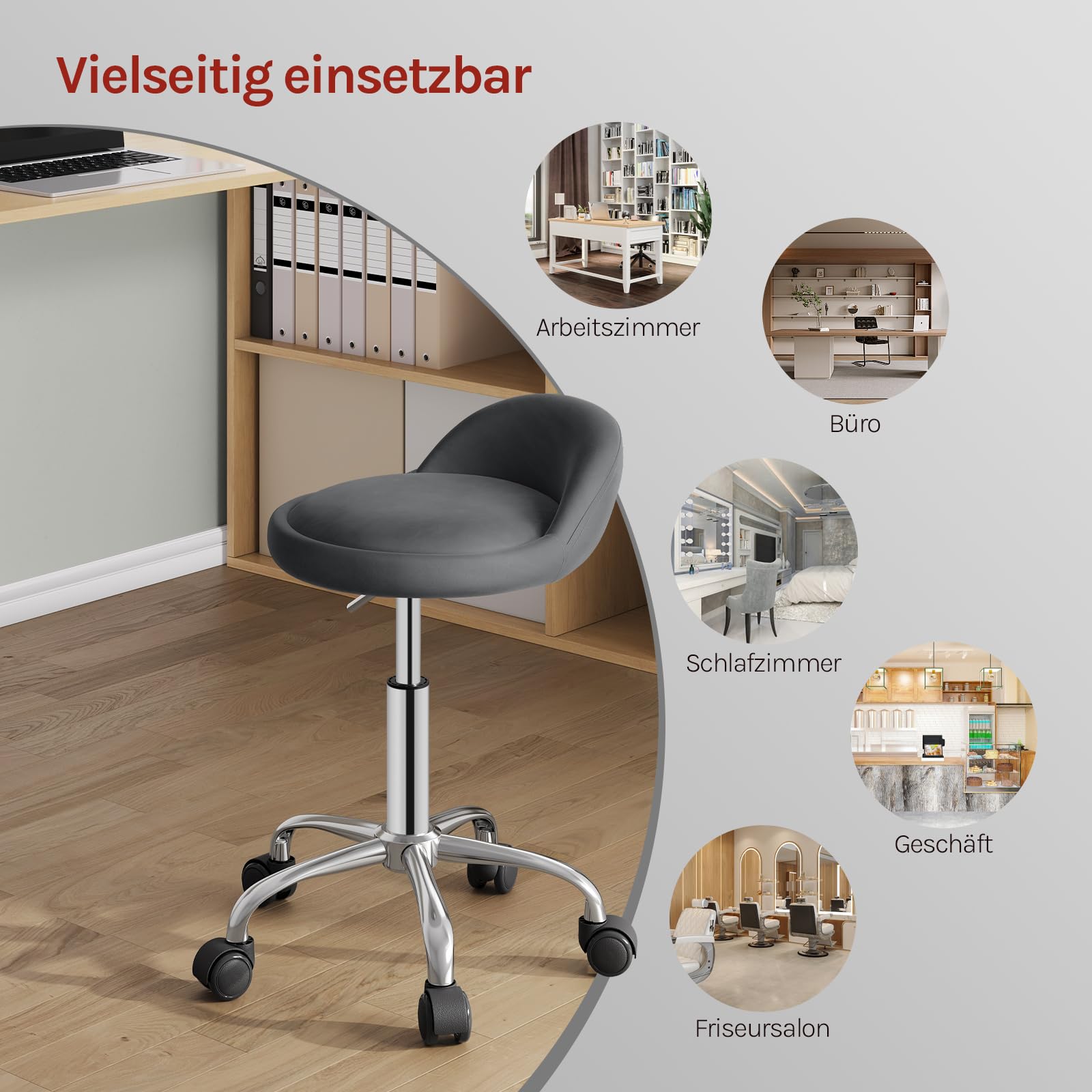WOLTU Rollhocker mit niedriger Rückenlehne, Bürohocker mit Rollen, Drehstuhl höhenverstellbar, Arbeitshocker Dunkelgrau für Massage Salon Samt