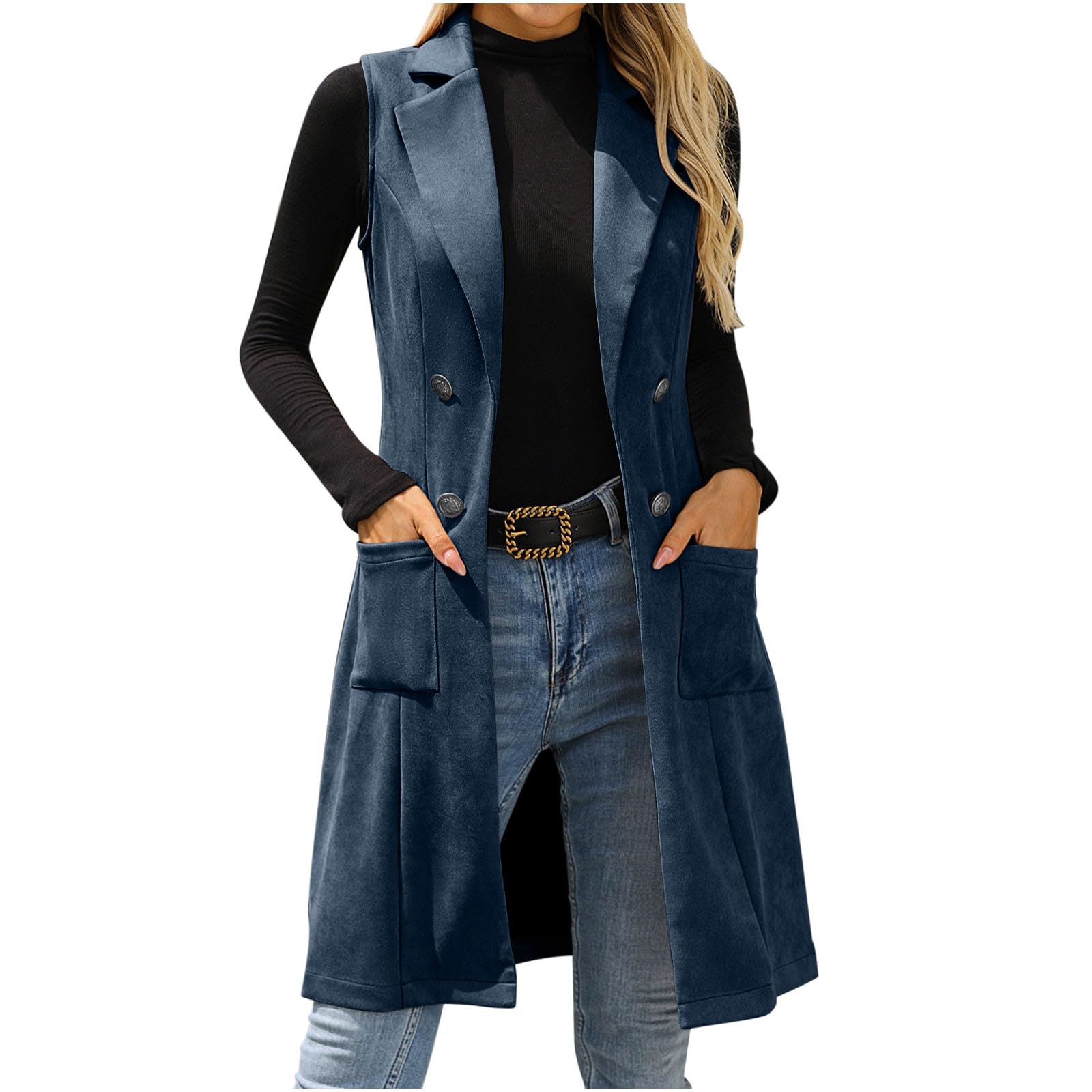 HGps8w Mid-Long Suede Vest for Women Double Breasted Elegant Sleeveless Blazer Suit Jackets Lapel Waistcoat Outerwear
