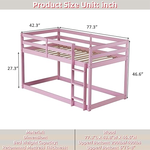 Miniatura 119 de Litera baja individual sobre individual, base de cama de madera maciza con escalera y barandillas de seguridad, literas individuales para niños y