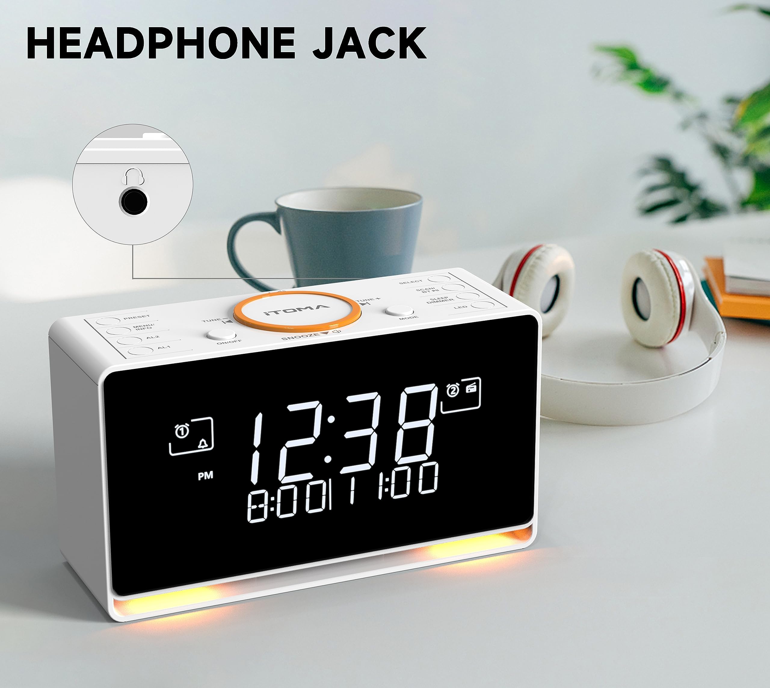 iTOMA Radiosveglia DAB e FM con 40 Preimpostazioni, Bluetooth, Doppio Allarme, Timer di Spegnimento, Controllo Dimmer, Caricatore USB e Jack per Auricolari 728