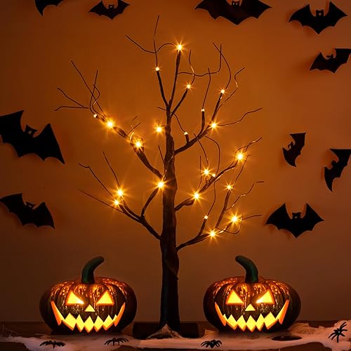 Miniatura 1 de Árbol espeluznante negro de 2 pies, funciona con pilas y USB, árbol negro de Halloween con temporizador para decoraciones de Halloween iluminadas en