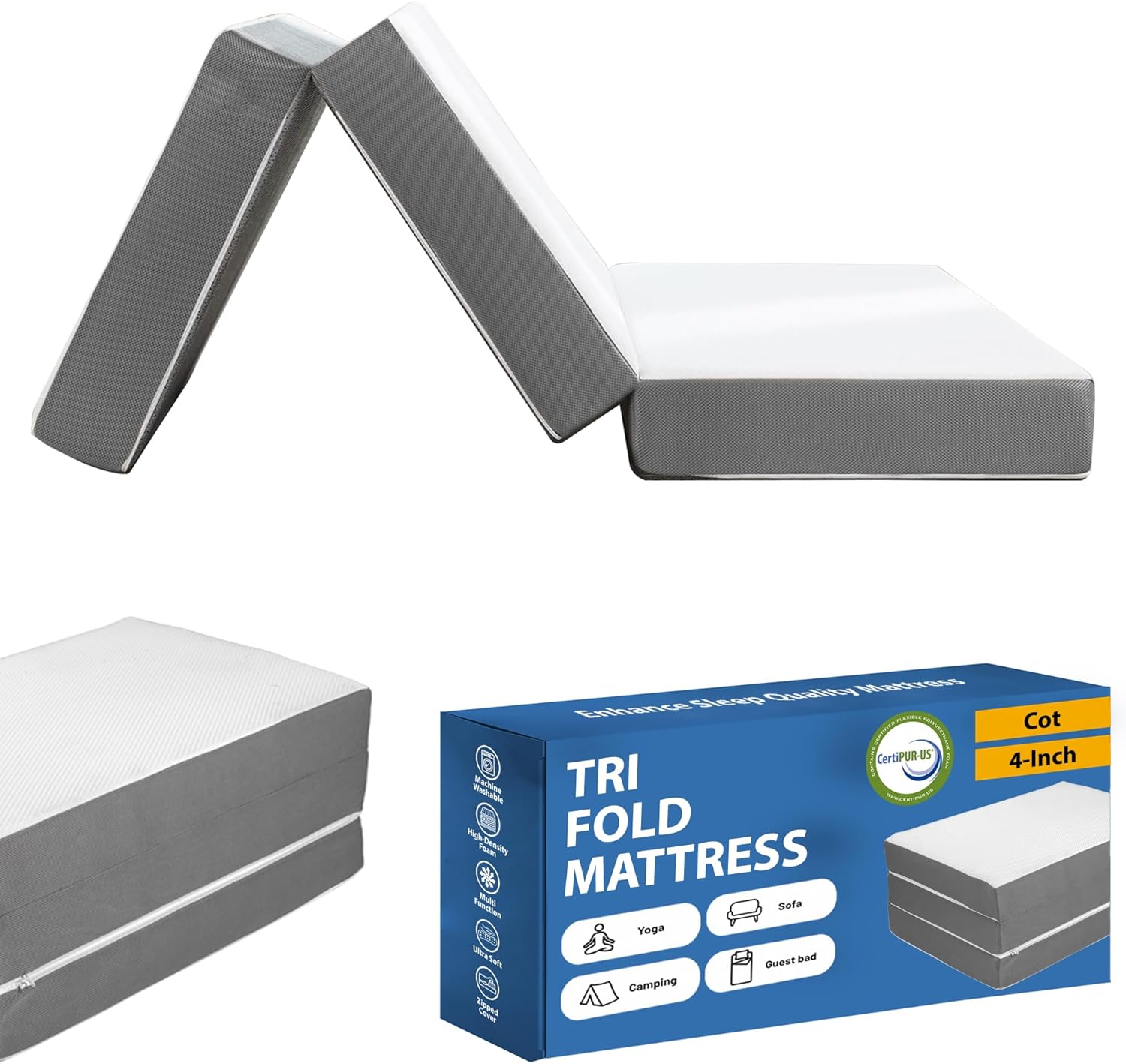 greaton, 4-inch tri-folding gel memory foam portable floor mattress | breathable mesh, ultra soft, cot pad, removable and washable cover, comfortable support, therapeutic qualities, 31-inch, white 31-inch 4-inch