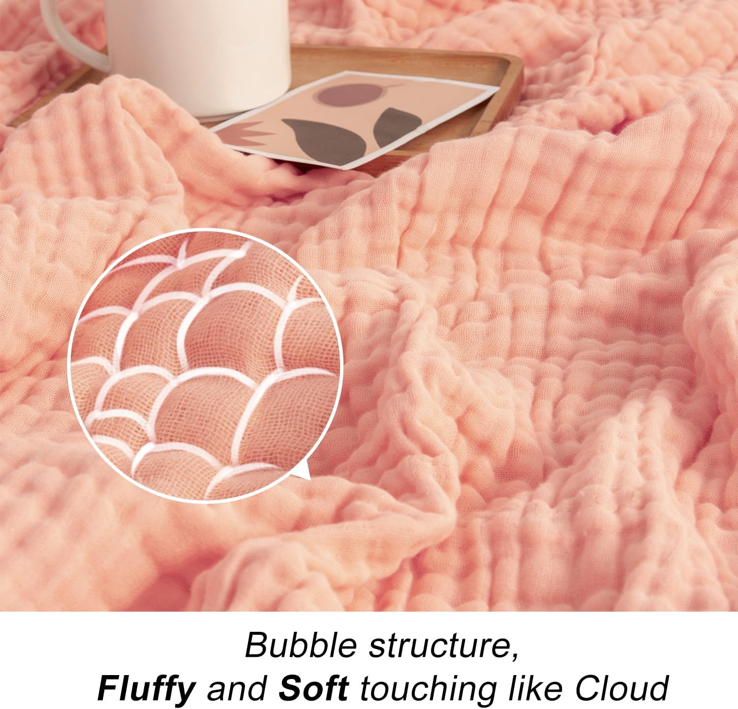 EMME Cotton Blanket Queen Size for Bed Soft Large Muslin Bed Blankets 90"x90" Lightweight Breathable All Season Gauze Blanket, Pink - Image 6