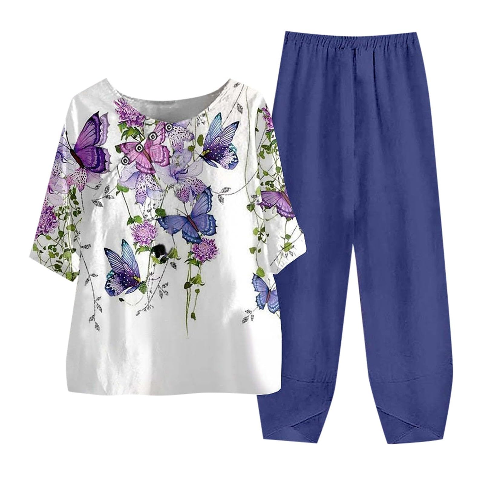 Jogginganzug Damen Blauer Samt Jogginganzug Blumen Druck Temperament Hülse Mit Drei Vierteln Hosen Bequem Zwei Stück Set Samtanzug Für