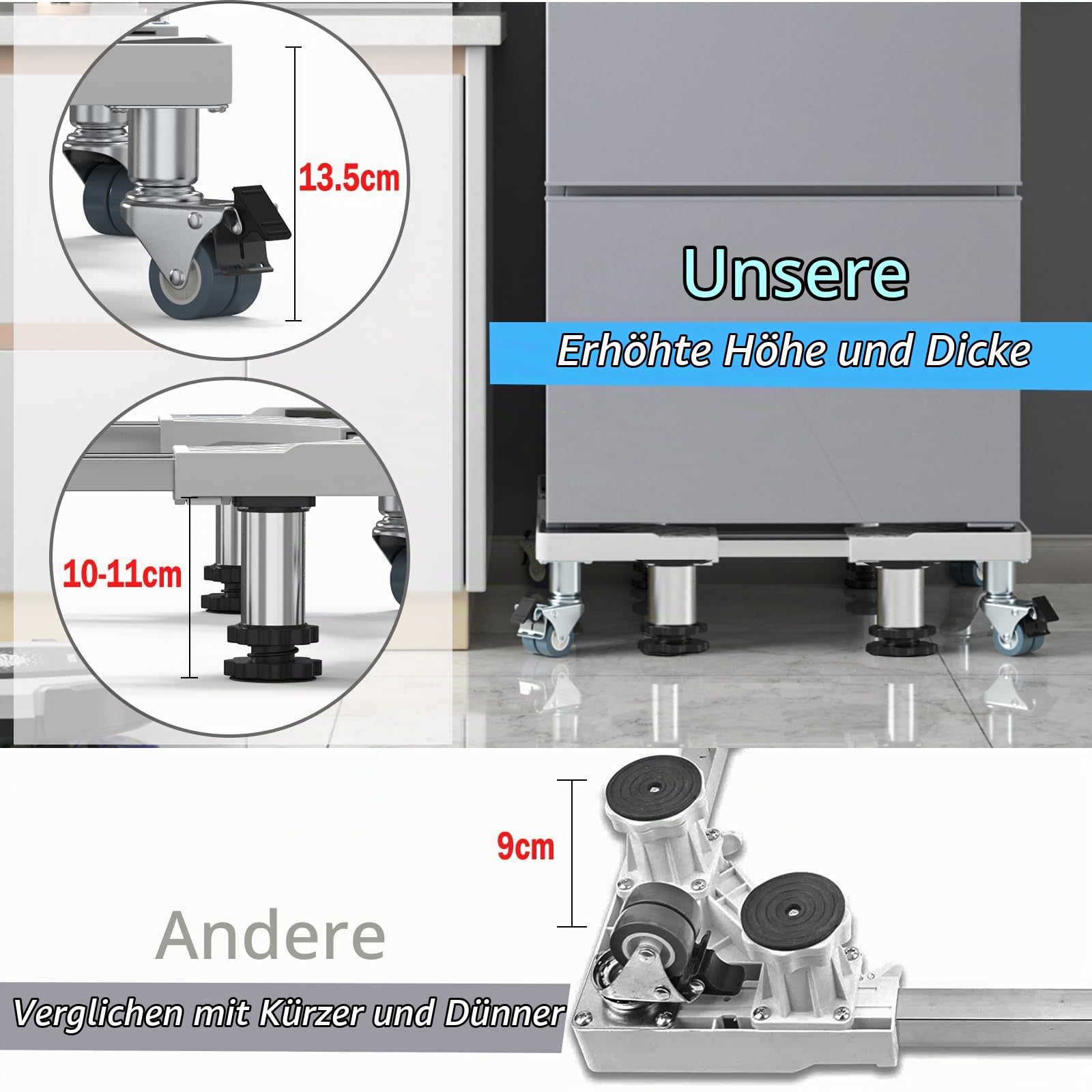 DEWEL Waschmaschine Sockel Untergestell mit Rollen 14cm, 4 Füße + 8 Rohre