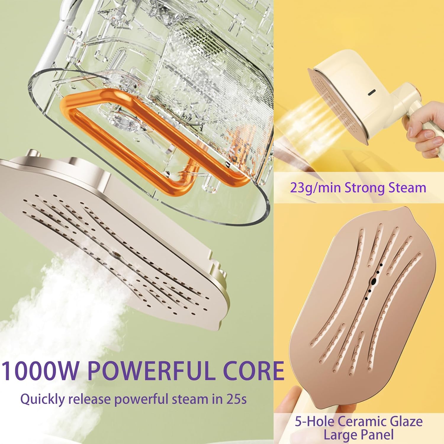 Travel Steamer Iron, 1000W Portable Mini Steam Iron, 100ml Foldable Wet Dry Dual-Purpose Hanging Ironing Machine, Essential Steamer for Home, Travel & University Dormitory (Beige)