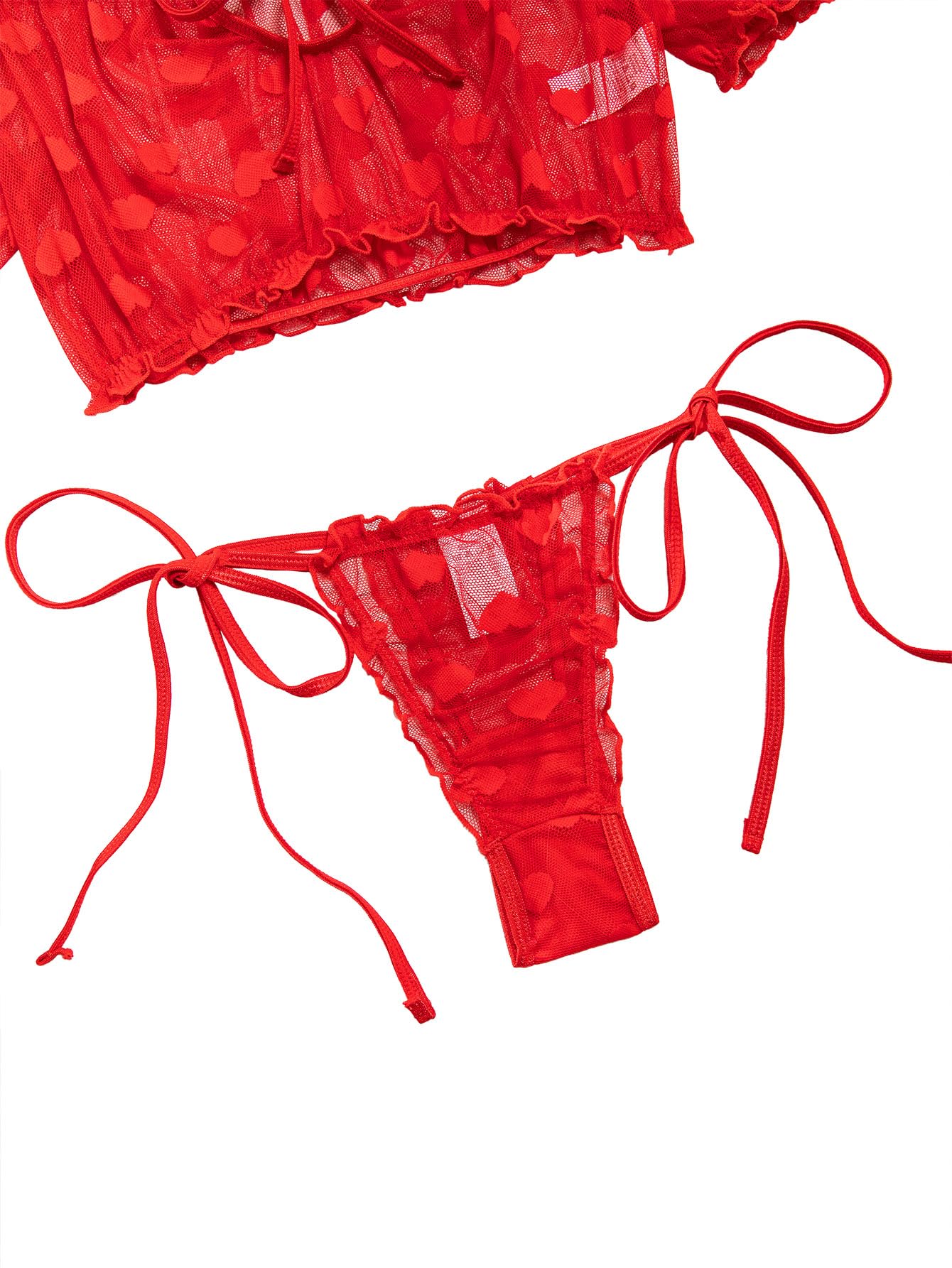 Lilosy Sexy Stretch Ruffle Tie Sheer Mesh Lingerie Set Outfits: Large Love Heart