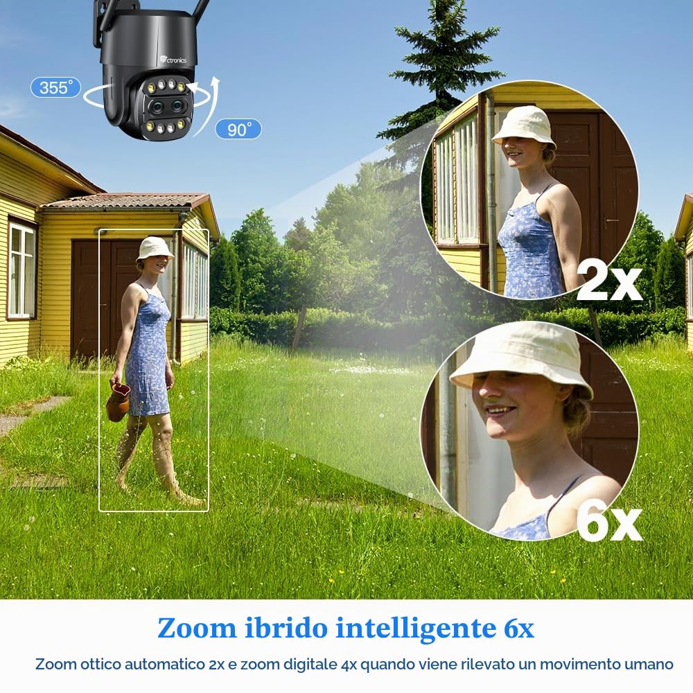 Ctronics Zoom Ibrido 6X Videocamera Wi-Fi Esterno con Doppio Obiettivo | Tracciamento Zoom Automatico Sorveglianza, Rilevamento Umano Visione Notturna a Colori Audio Bidirezionale IP66 (Nero)
