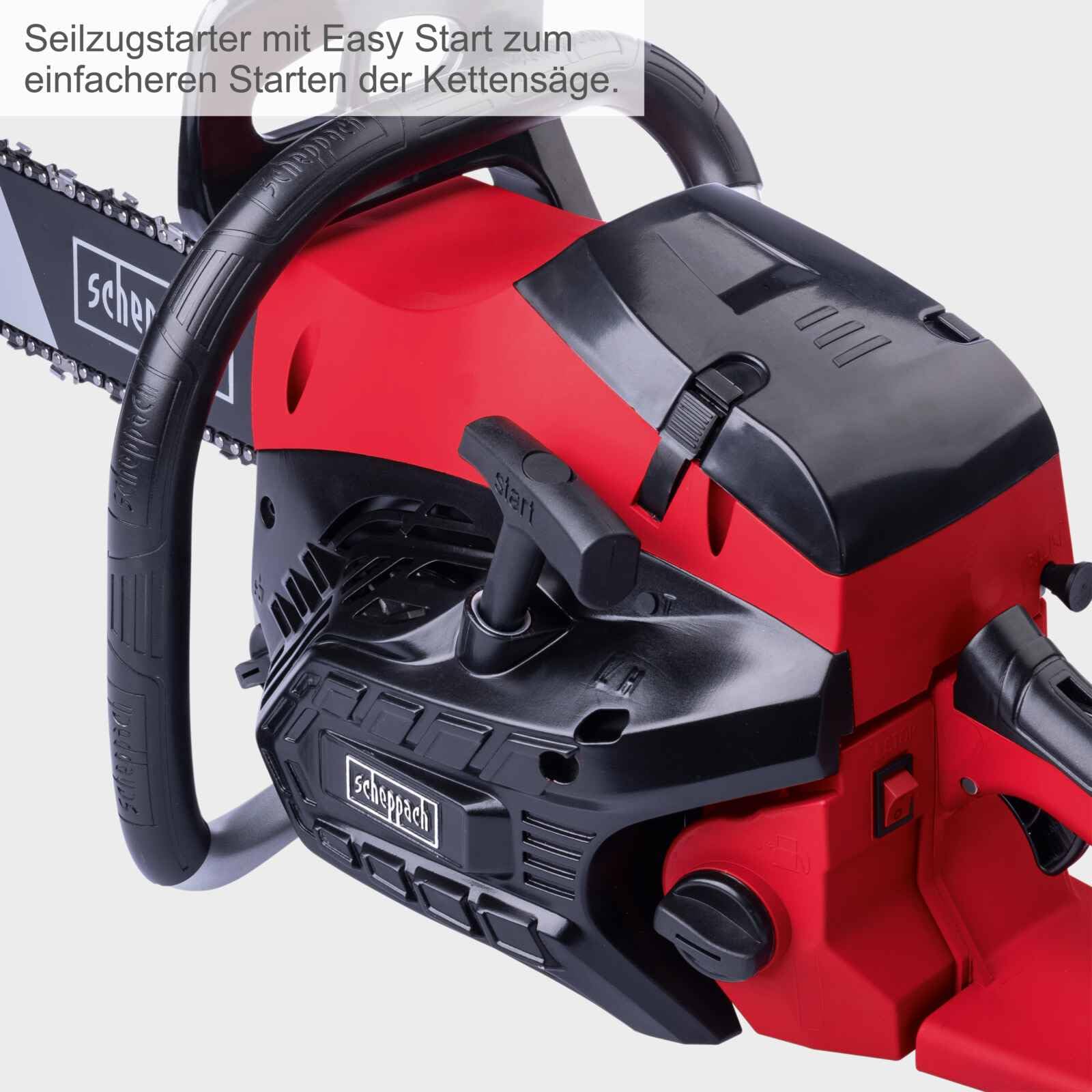 Scheppach Benzynowa piła łańcuchowa PCS56 o długości miecza 51 cm i Easy Start | silnik dwusuwowy - moc 3,1 KM | grubość cięcia 47 cm | prędkość cięcia 22 m/s | pojemność skokowa 56 cm³ | automatyczne