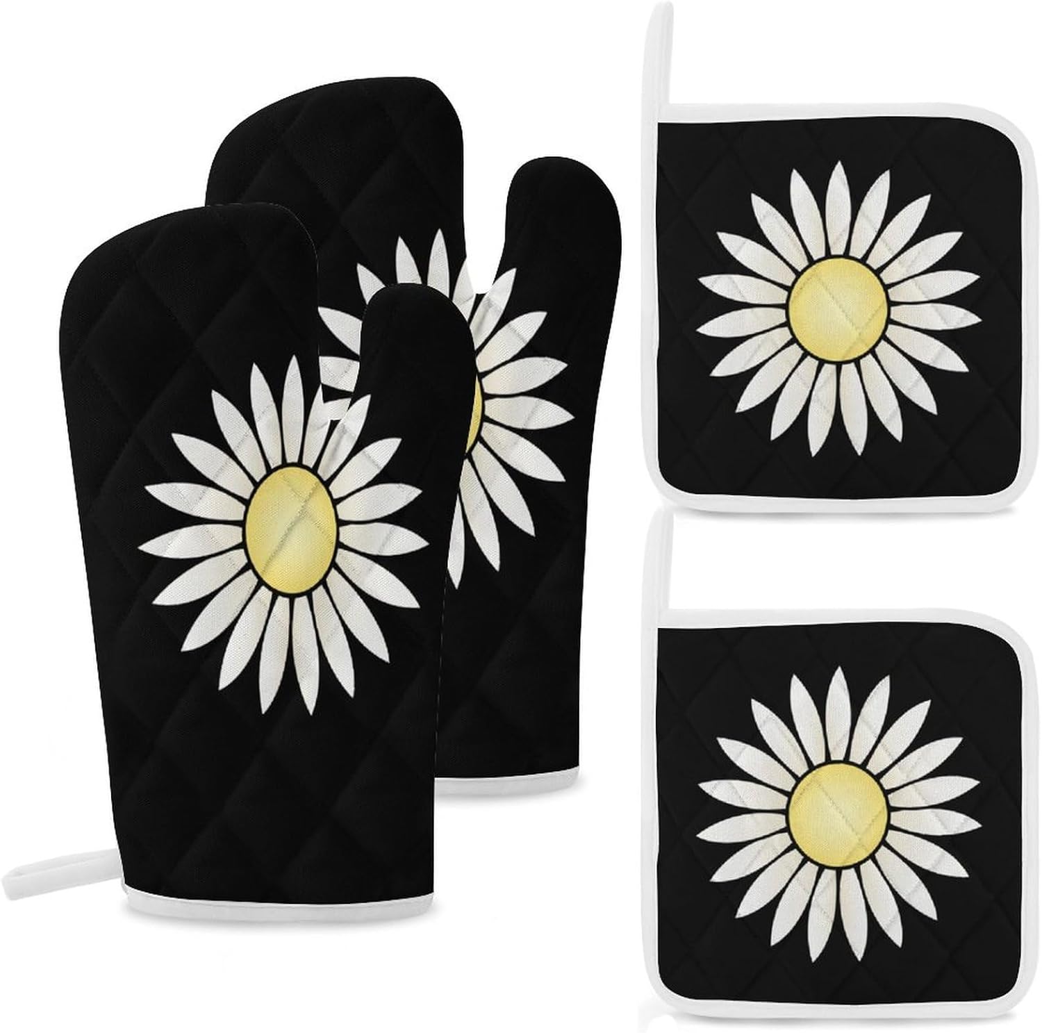 Nature Flowers Daisy Oven Mitts and Pot Holders 4Pcs Set Heat Resistant Cooking Mitts Hot Pads