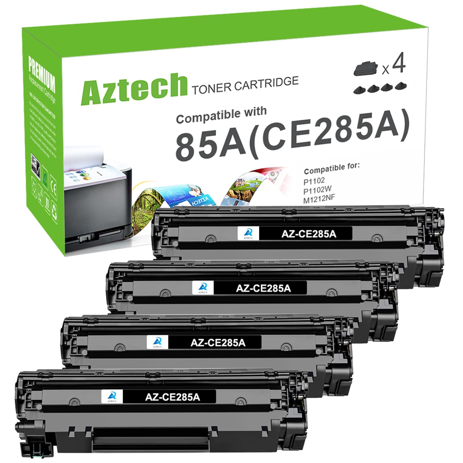 Aztech Compatible CE285A 85A Toner Cartridge Replacement for HP 85A CE285A for HP LaserJet Pro P1102w 1102w M1212nf MFP P1109w M1210 P1102w Printer Ink Cartridge (Black, 4-Pack)