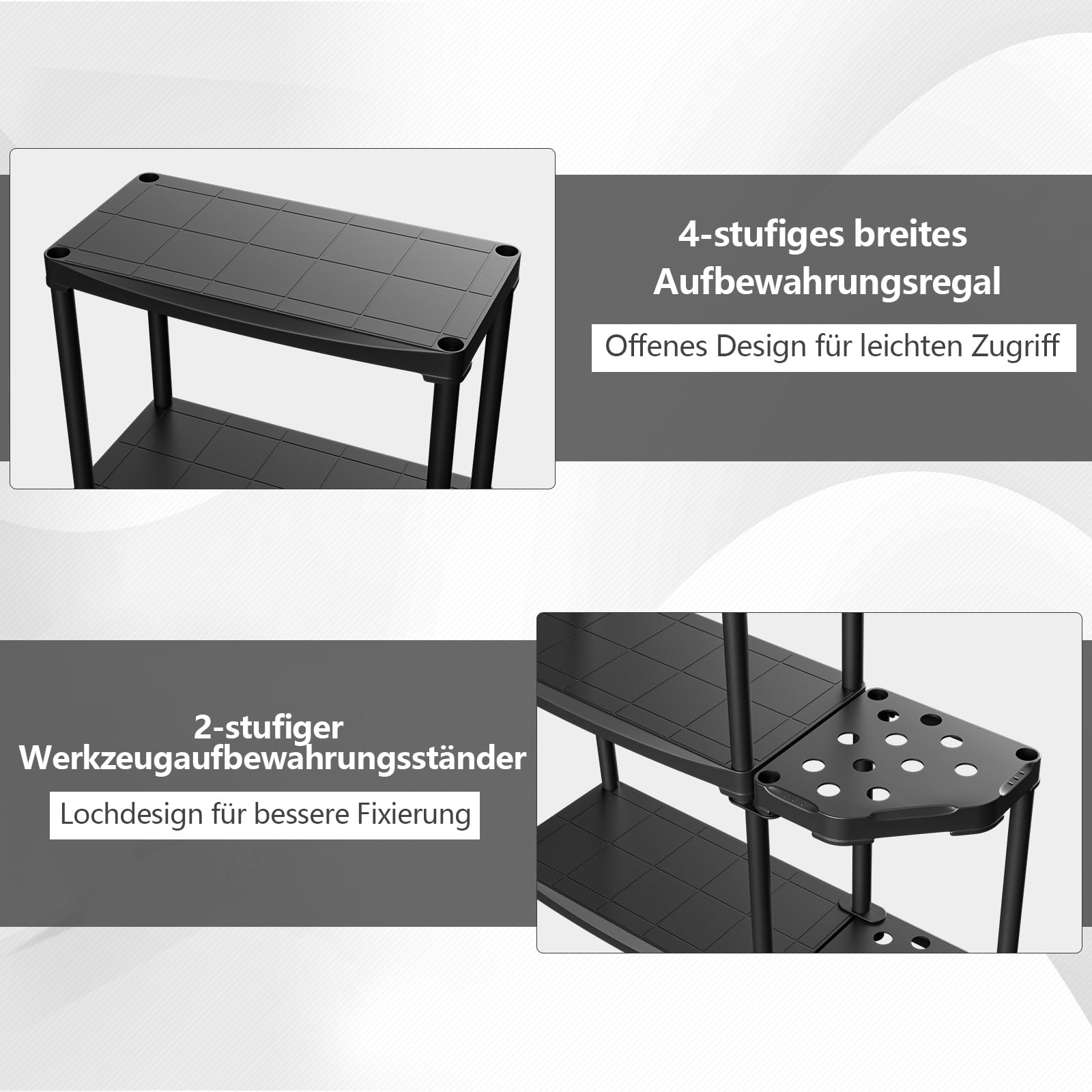 COSTWAY Lagerregal mit 4 Fachböden, Steckregal mit 12 Löchern für Werkzeuge Besen Schaufel, 20 kg belastbar jeder Ebene, Garagenregal mit Besenhalter, Werkstattregal für Keller Lager, Schwarz