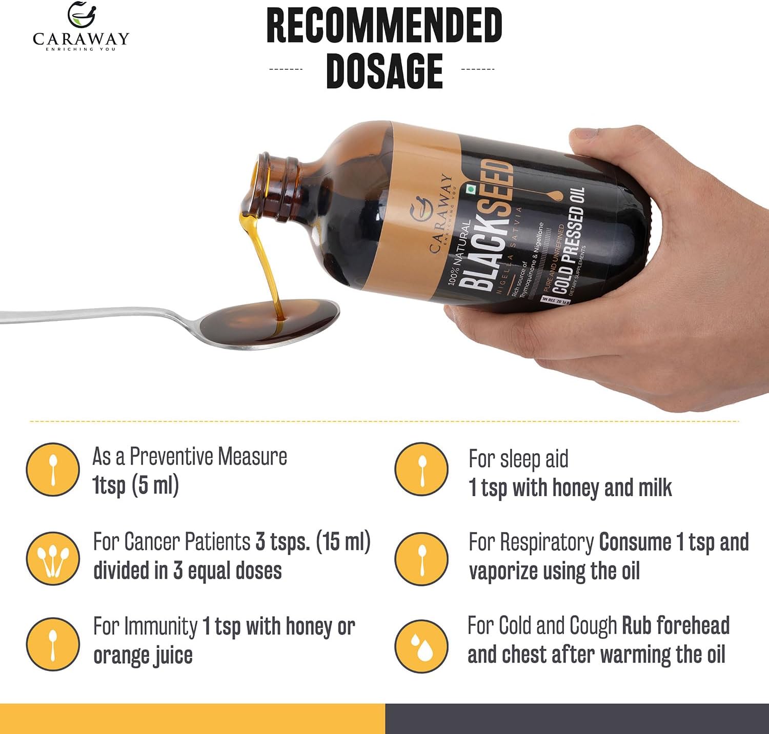 CARAWAY Organic Black Seed Oil - Cold Pressed Nigella Sativa Oil - Pure and Unrefined - Rich in Thymoquinone for Immune Support, Hair and Skin Care | Glass Bottle