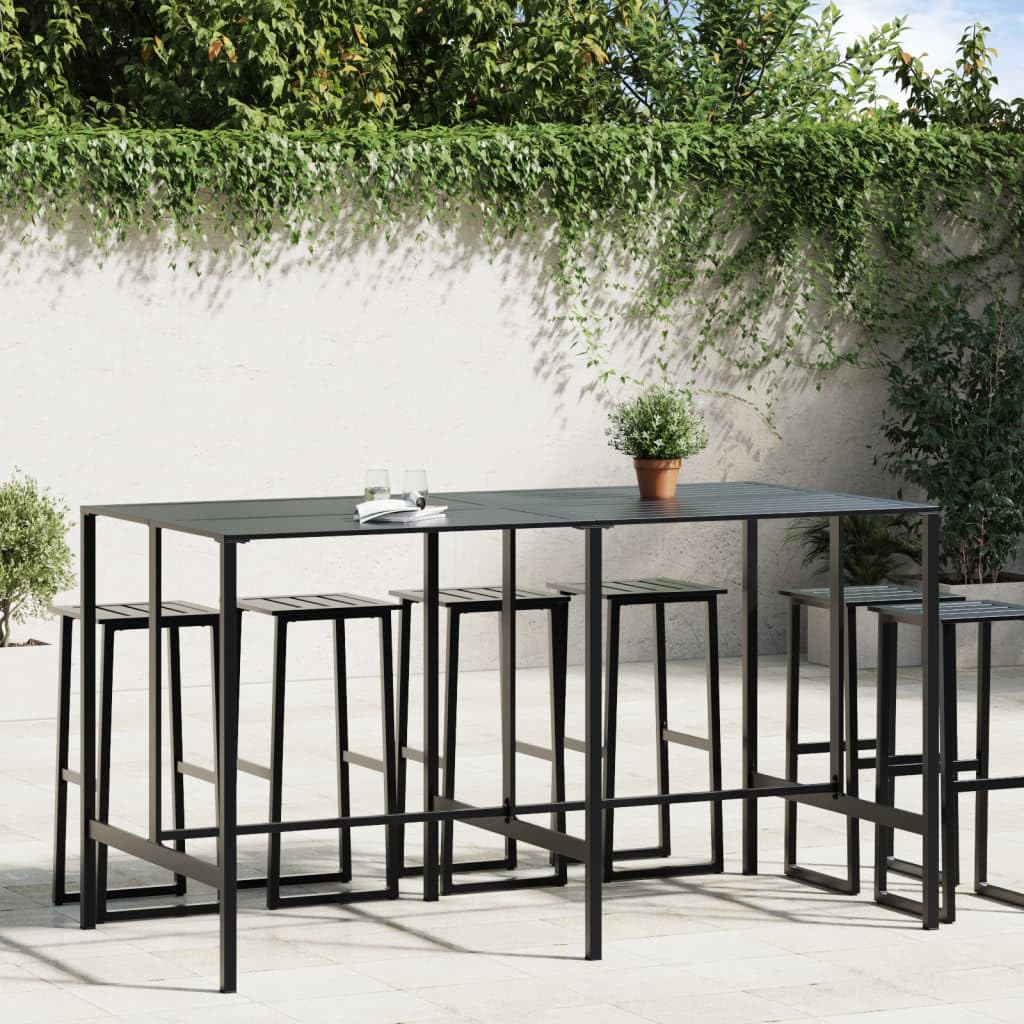 Tavolo da Bar Alto in Acciaio Nero 200x100x110 cm | Bancone alto con ripiano a doghe per arredare giardino, terrazzo o zona pranzo interna.
