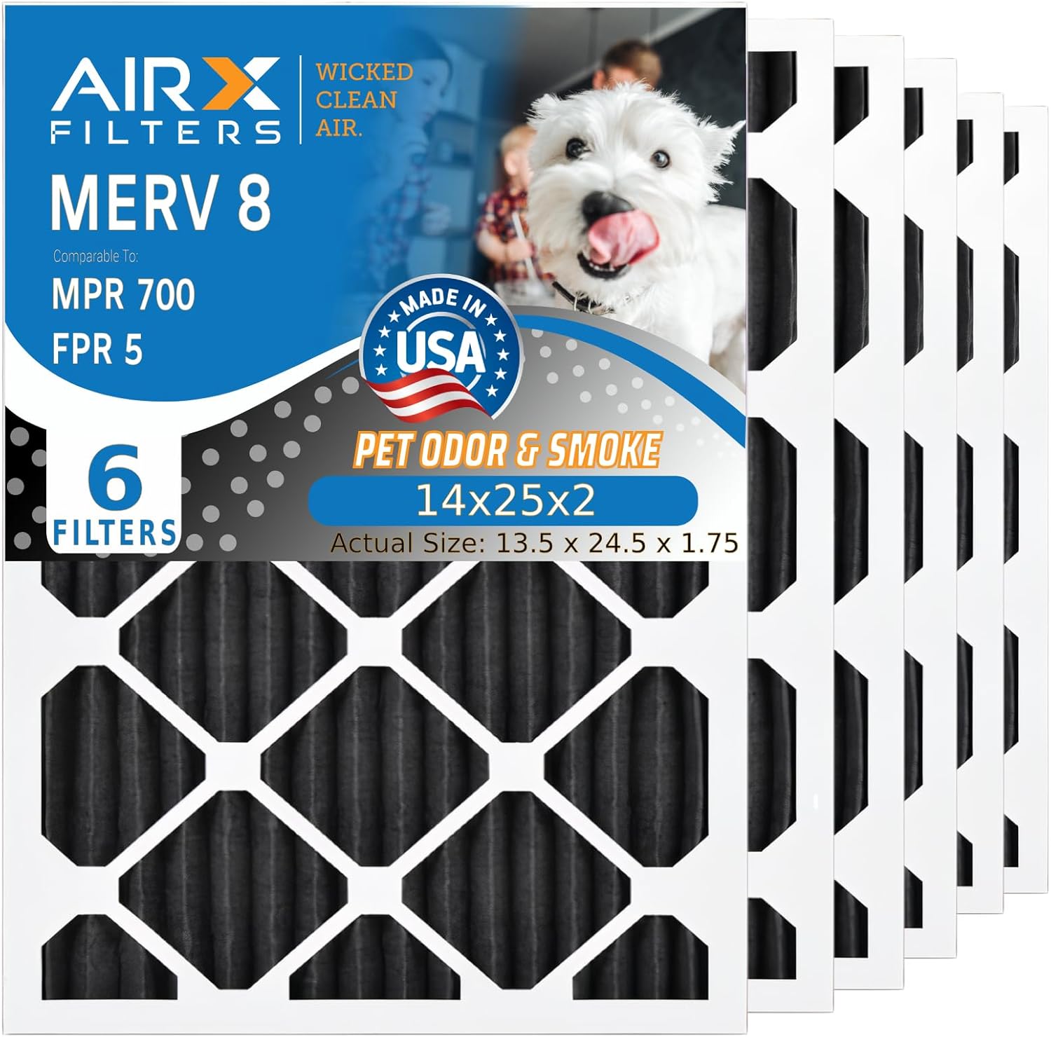 AIRx Filters Odor 14x25x2 Furnace Filter MERV 8 Carbon Filter Replacement AC HVAC Air Filter For Dust, Pollen, Lint & Dander Control, 6-Pack