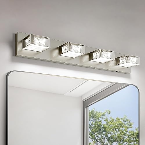 Joossnwell Luces de baño de níquel cepillado sobre espejo (4 luces, 28 pulgadas), lámpara de tocador de cristal 5CCT regulable moderna LED con