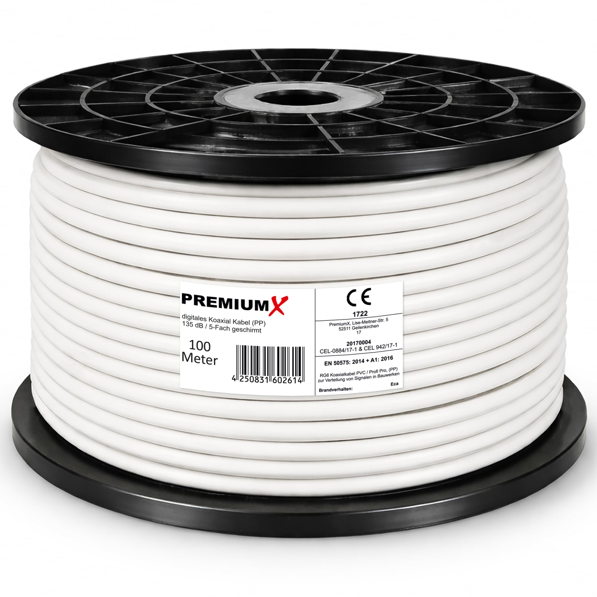 Premium X PROFI PRO PP Koaxialkabel 100m - 5-fach geschirmt, 135 dB, reines Kupfer Sat Kabel, Antennenkabel Class A, für DVB-S/S2, DVB-C, DVB-T, BK Anlagen, Full HD UHD 4K