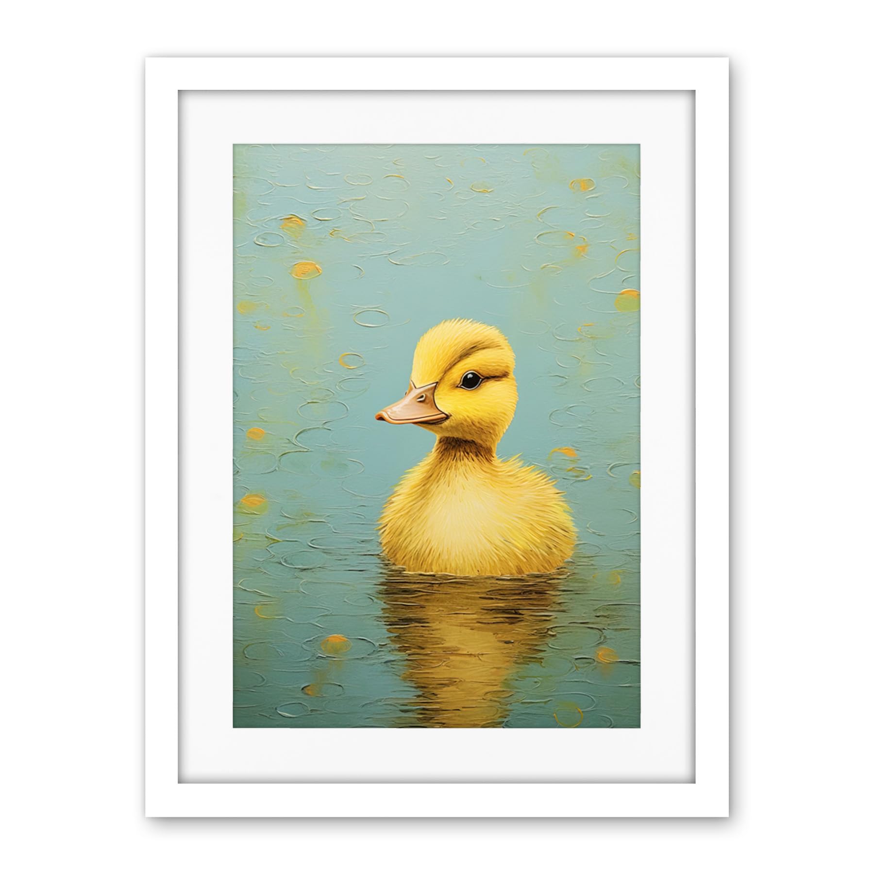 Artery8 Duckling on the Water Oil Painting Yellow and Duck Egg Blue Baby Artwork Framed Wall Art Print 18X24 Inch