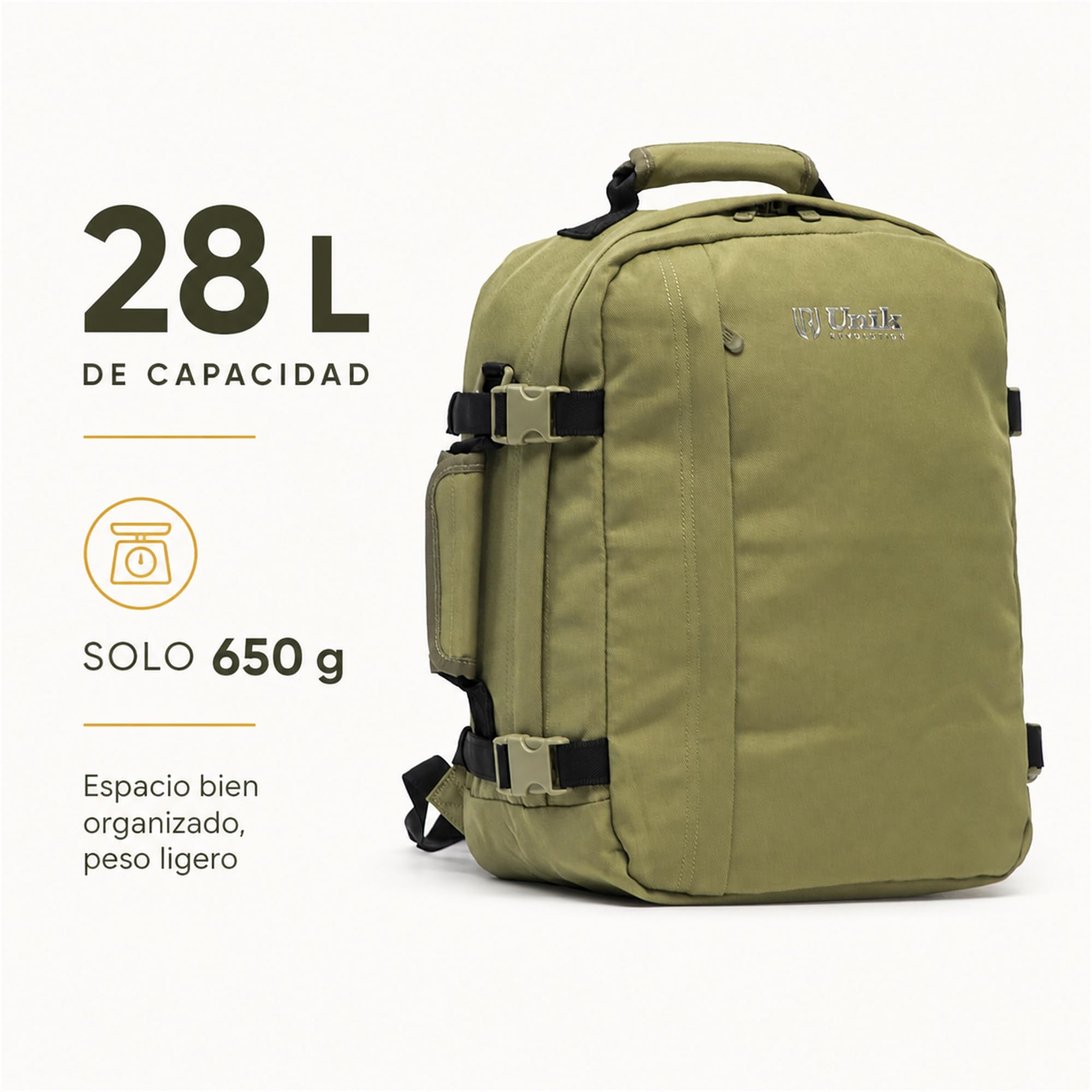 Aero Fit Mochila de Cabina 40x30x20 – Equipaje de Mano GRATIS en Ryanair, Vueling y Wizz, 28 L, Solo 650 g, Bolsillo para Portátil y Botella, Bajo el Asiento – Verde Oliva
