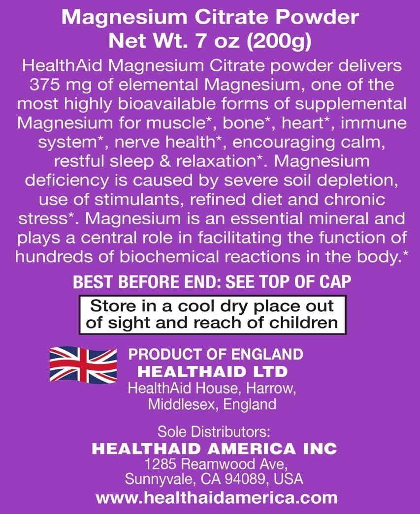 Magnesium Citrate Powder – 200g (Approx. 80 Servings) | High Absorption Magnesium for Muscle, Nerve & Electrolyte Support – Unflavored, Easy Mix