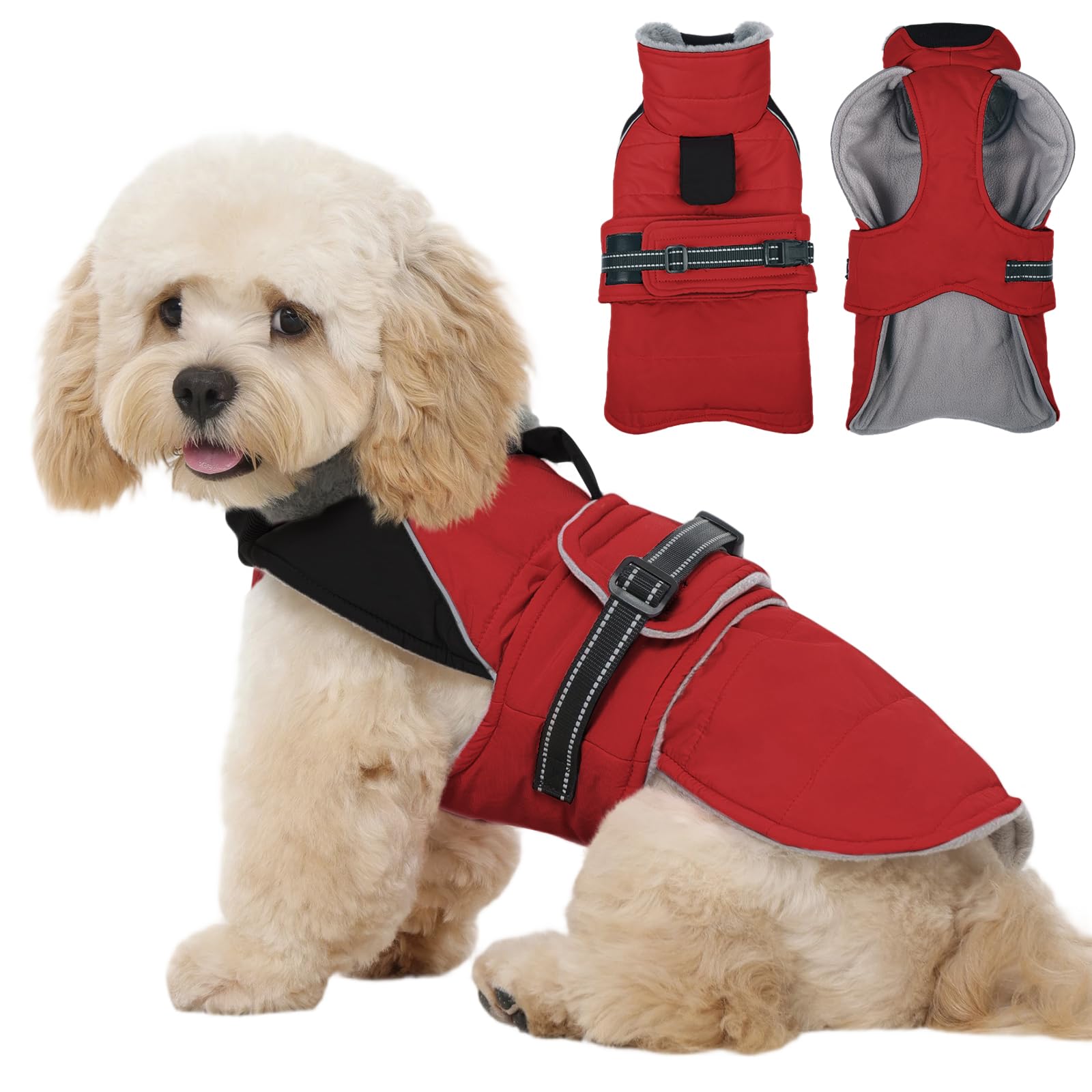 Kuoser Dog Warm Jacket Waterproof Reflective Dog Coat Fleece Lined, Red M