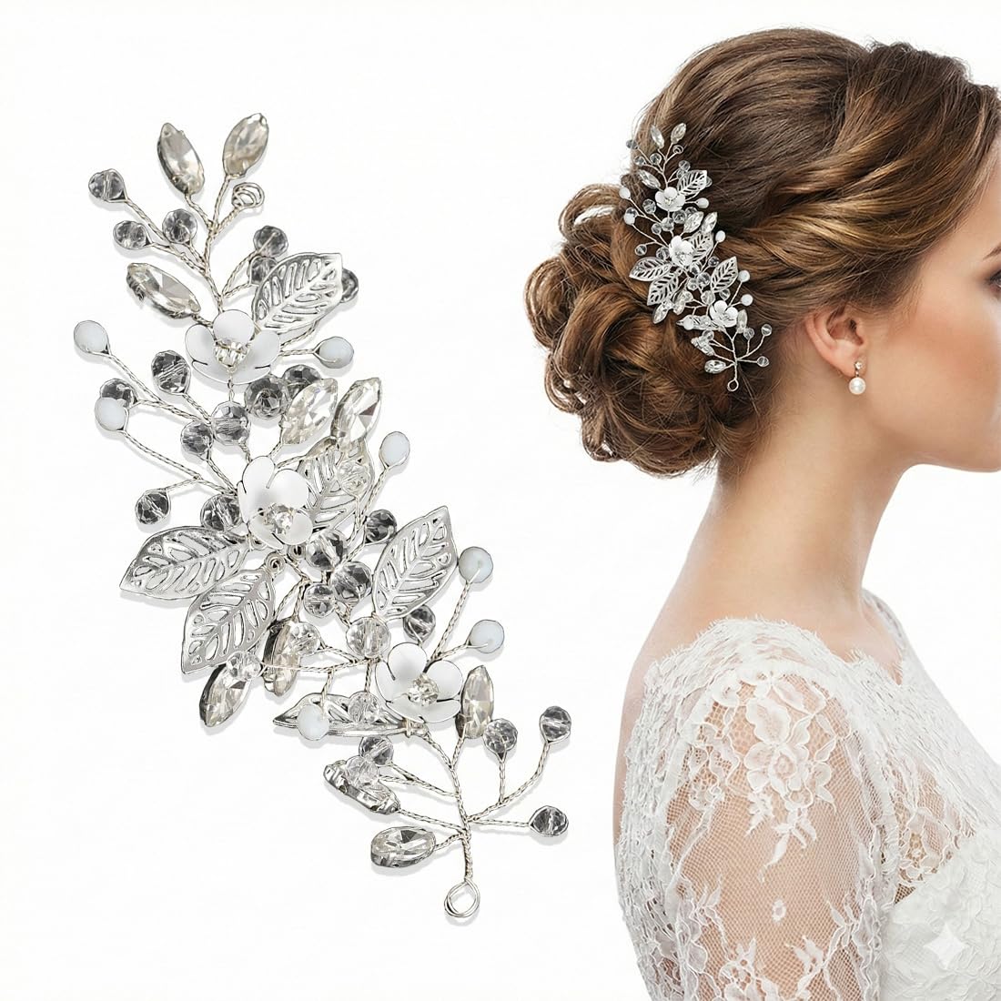 Pettinino per Sposa con Rami Fioriti, Accessori Capelli Eleganti per Cerimonia, Fermacapelli Decorativi per Donne & Ragazze (Argento)