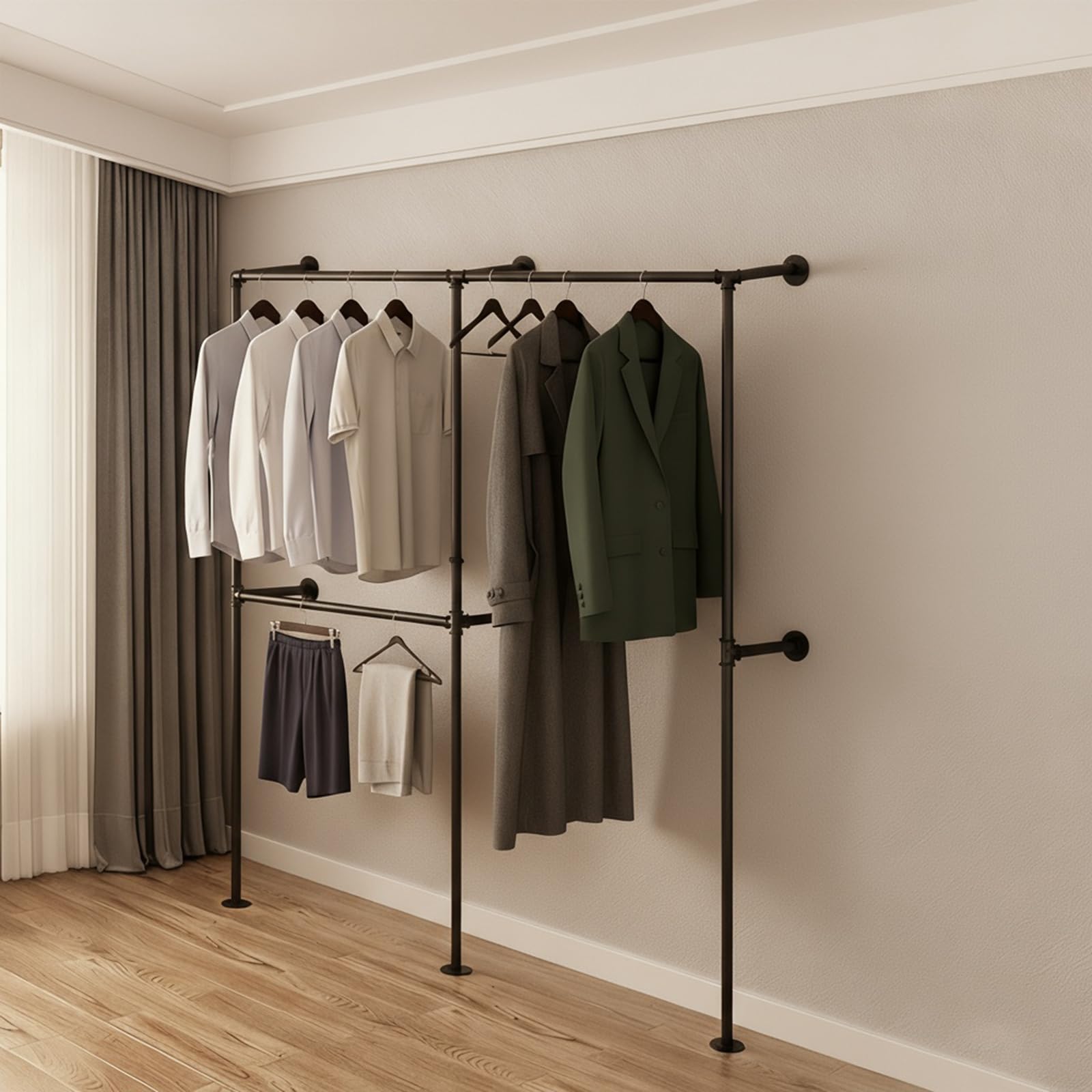 Gemsaya Industrial Pipe Clothing Rack, Heavy Duty Wall Mounted Clothes Rack for Hanging Clothes, Adjustable Pipe Garment Rack Bar Rail, Multi-Purpose Walk-in Wardrobe with 3 Hanging Rod