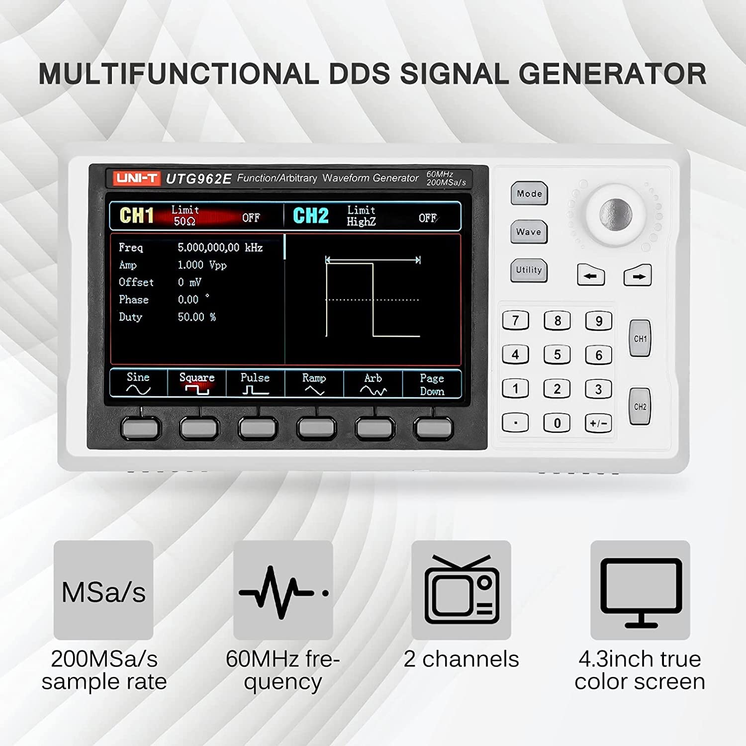 UNI-T UTG962E Signalgenerator, DDS 60MHz Function Arbitrary Waveform Generator mit 4,3 Zoll TFT LCD, 200MSa/s 2-Kanal Frequenzmesser (110-240V EU Plug) Shop in Deutschland, 3 Jahre Garantie !