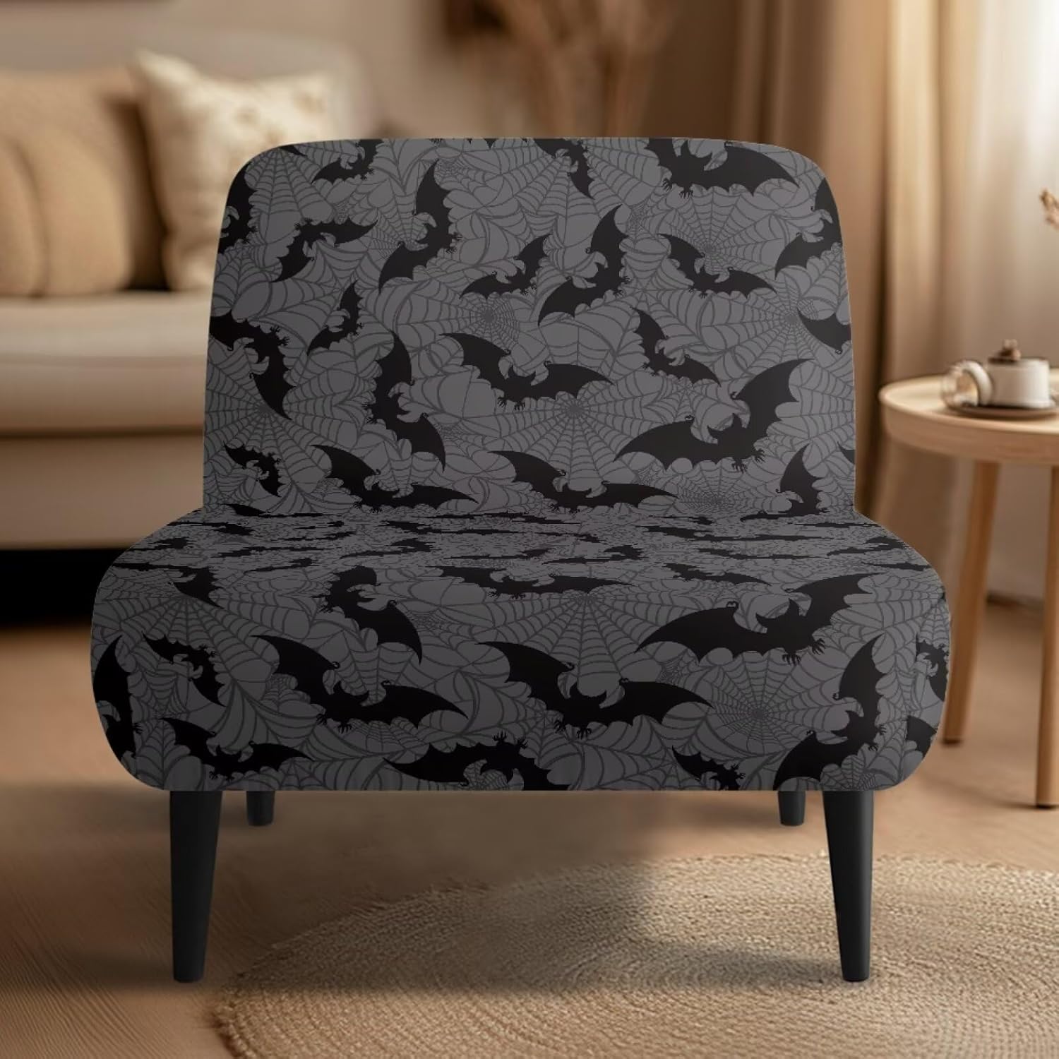 Grey Bat Spider Web Print Accent Chair Without Arms, Non-Slip Wingback Chair Sofa Slipcover and Removable Furniture Protector Covers, Armless Accent Chair Cover for Chairs Halloween Decor
