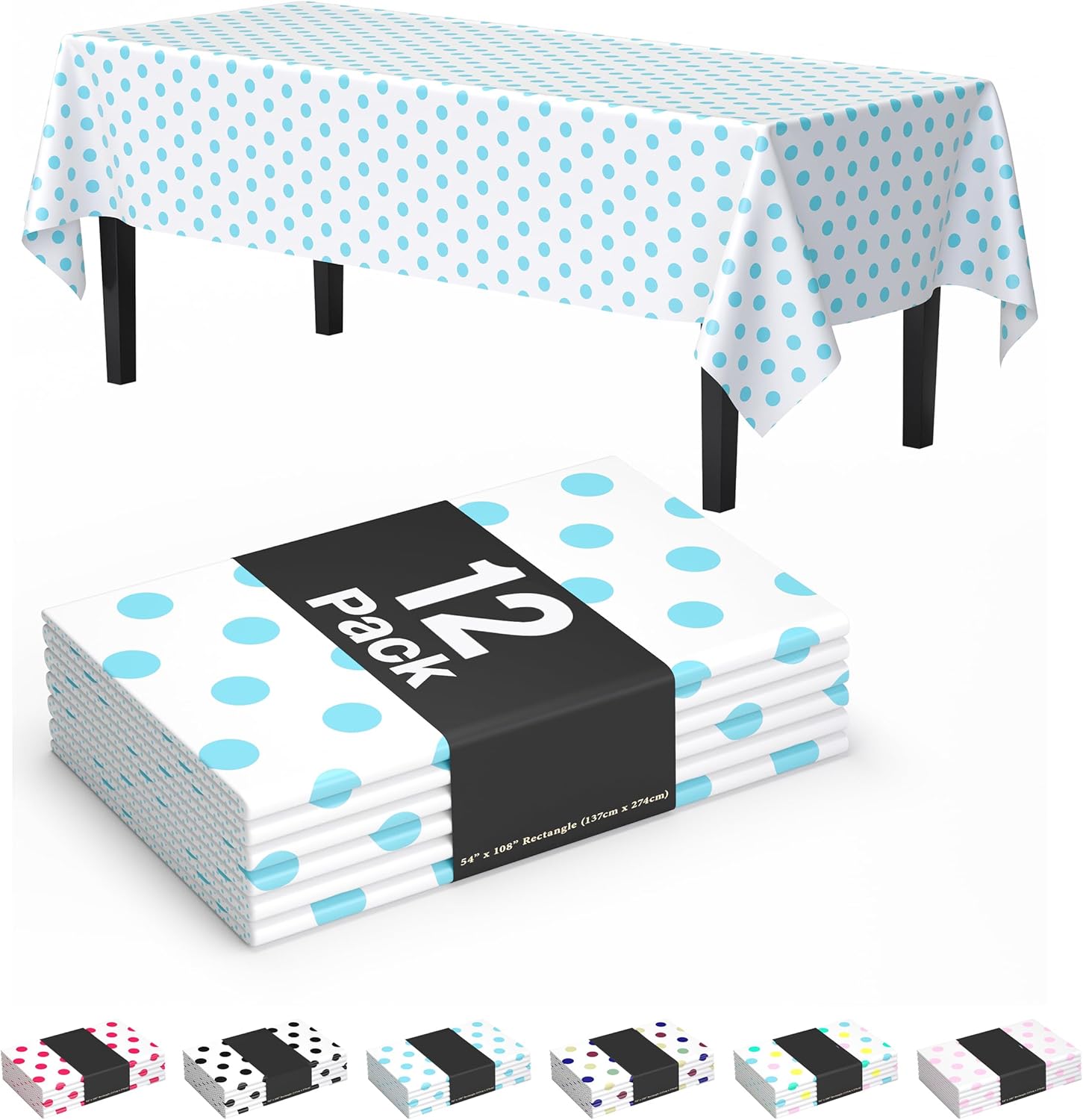 Exquisite Light Blue Polka Dot Tablecloth Plastic 12-Pack Disposable Rectangle Tablecloths 54" x 108" Light Blue Polka Dot Table Cloth Rectangle Table Covers Plastic Tablecloth for Party Decorations