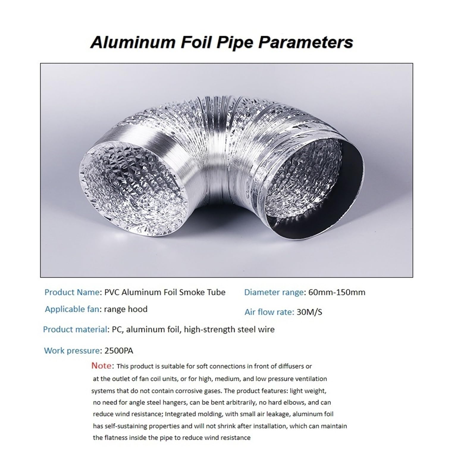 Tubo de humo flexible Manguera de ventilación for baño de 60-150 mm