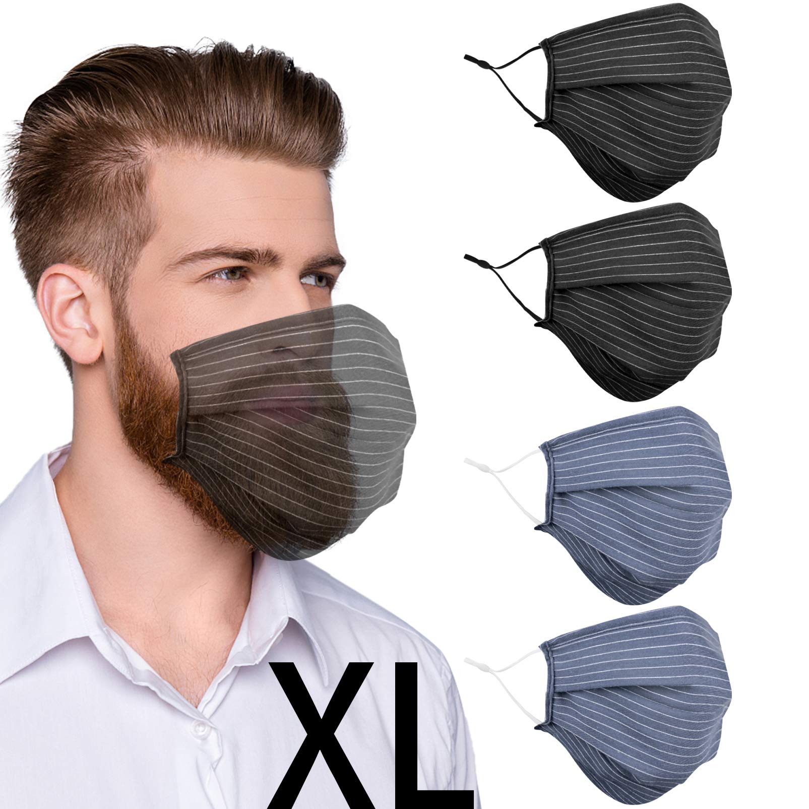 Beard Face Mask for Bearded Men, Extra Large XL Facemask with Nose Wire Washable Reusable Breathable Adjustable Ear Loops Fashion Adult Black Navy Stripe Cotton Cloth Madks, cubre bocas para hombres