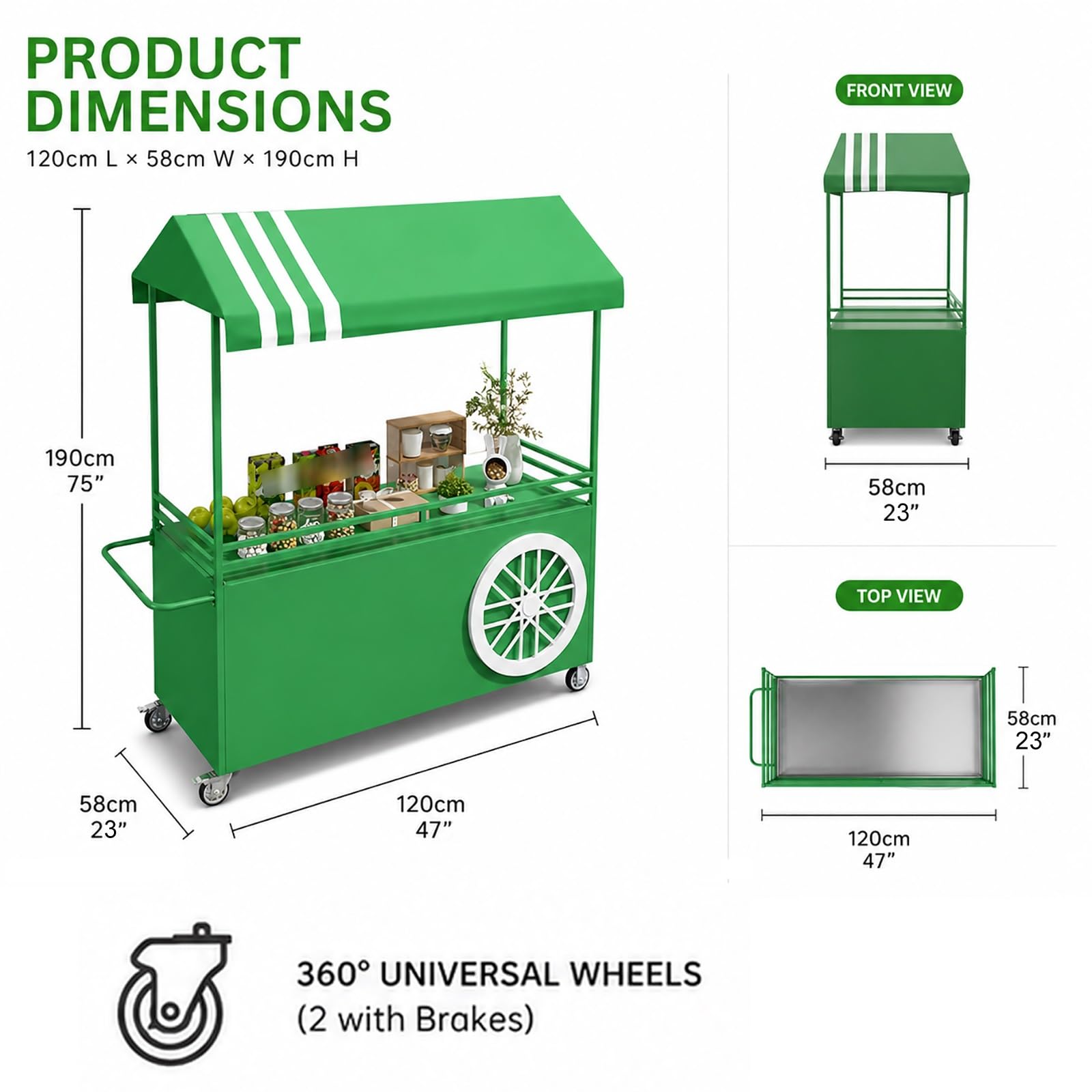 Puesto Ambulante con Toldo, Carrito de Venta con Ruedas, Stand de Venta con Exhibidor y Estante, Puesto para Mercadillo con Techo para Ferias y Exteriores(Green)