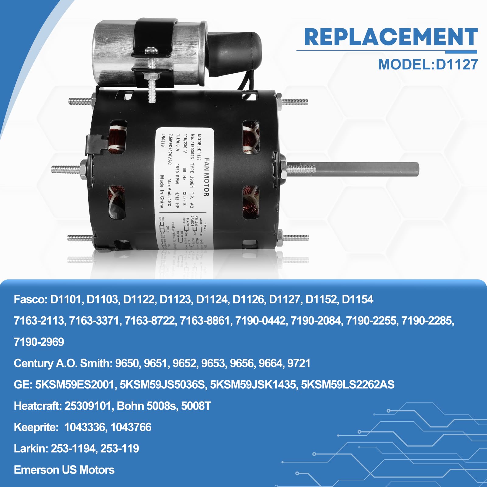 Motor HVAC D1127, 1/12 HP 1550 RPM, 115/230V CA, rotación reversible, protección térmica, diseño a prueba de goteo para sistemas de ventilación