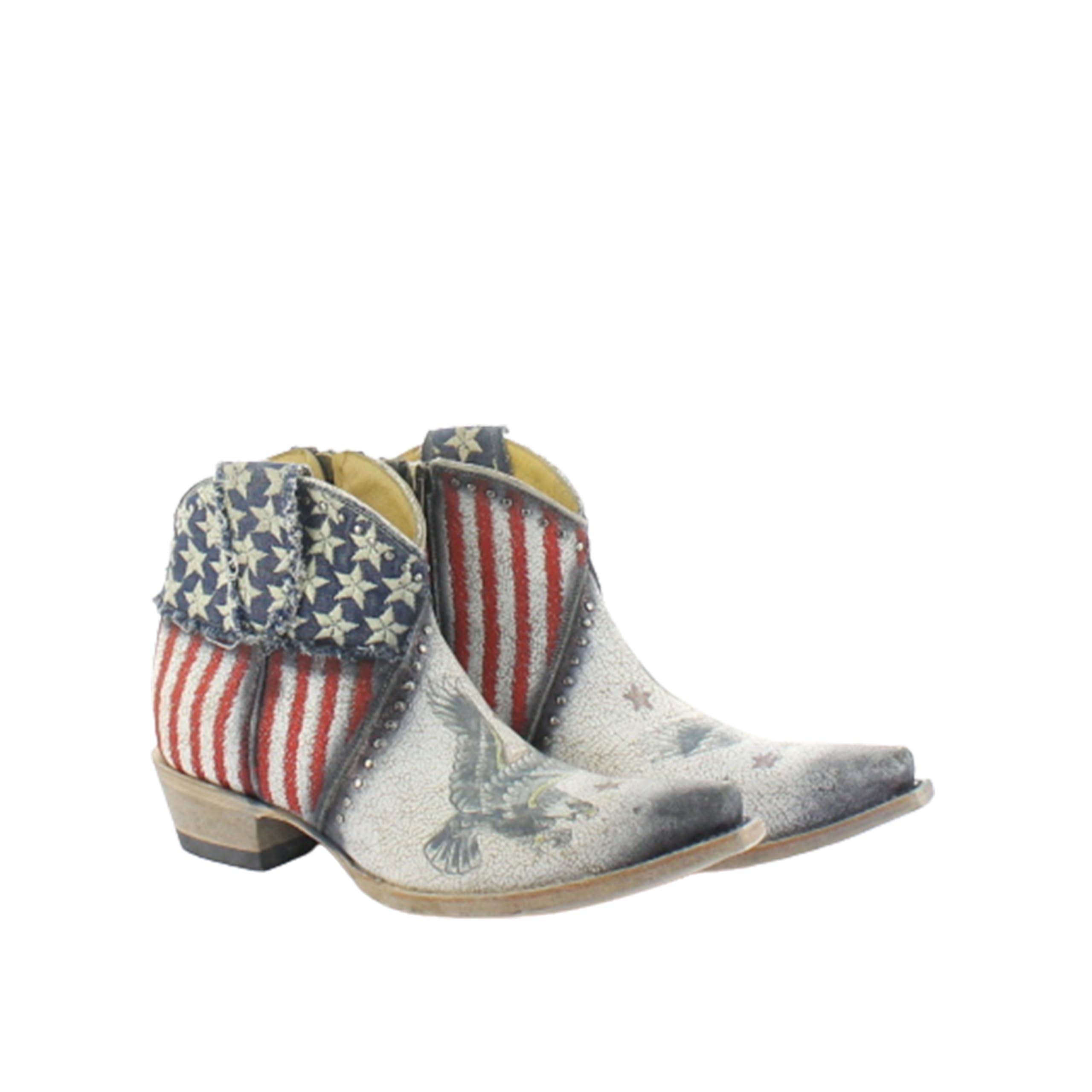 Old Gringo Yippe Ki Yay United Jorie Boots, American Flag Pattern, Western Ankle Boots, 2.5" Heel, Crackled Taupe/Denim Blue