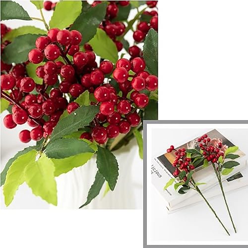 Miniatura 5 de Emivery 10 ramas de bayas rojas sintéticas, bayas de acebo de Navidad con hojas verdes, tallos de bayas artificiales, púas de bayas sintéticas para