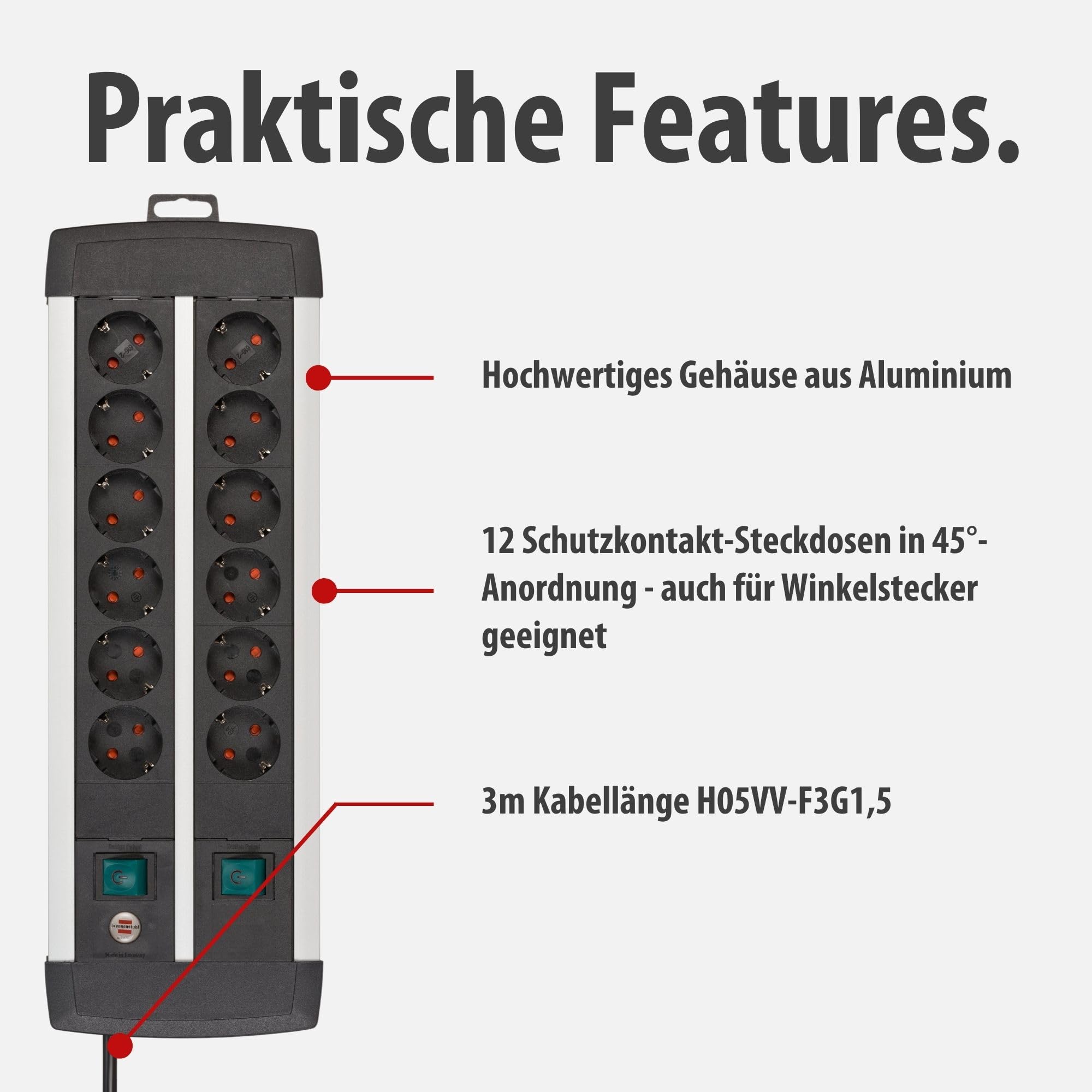 Brennenstuhl Premium-Alu-Line Steckdosenleiste 12-Fach, 3m