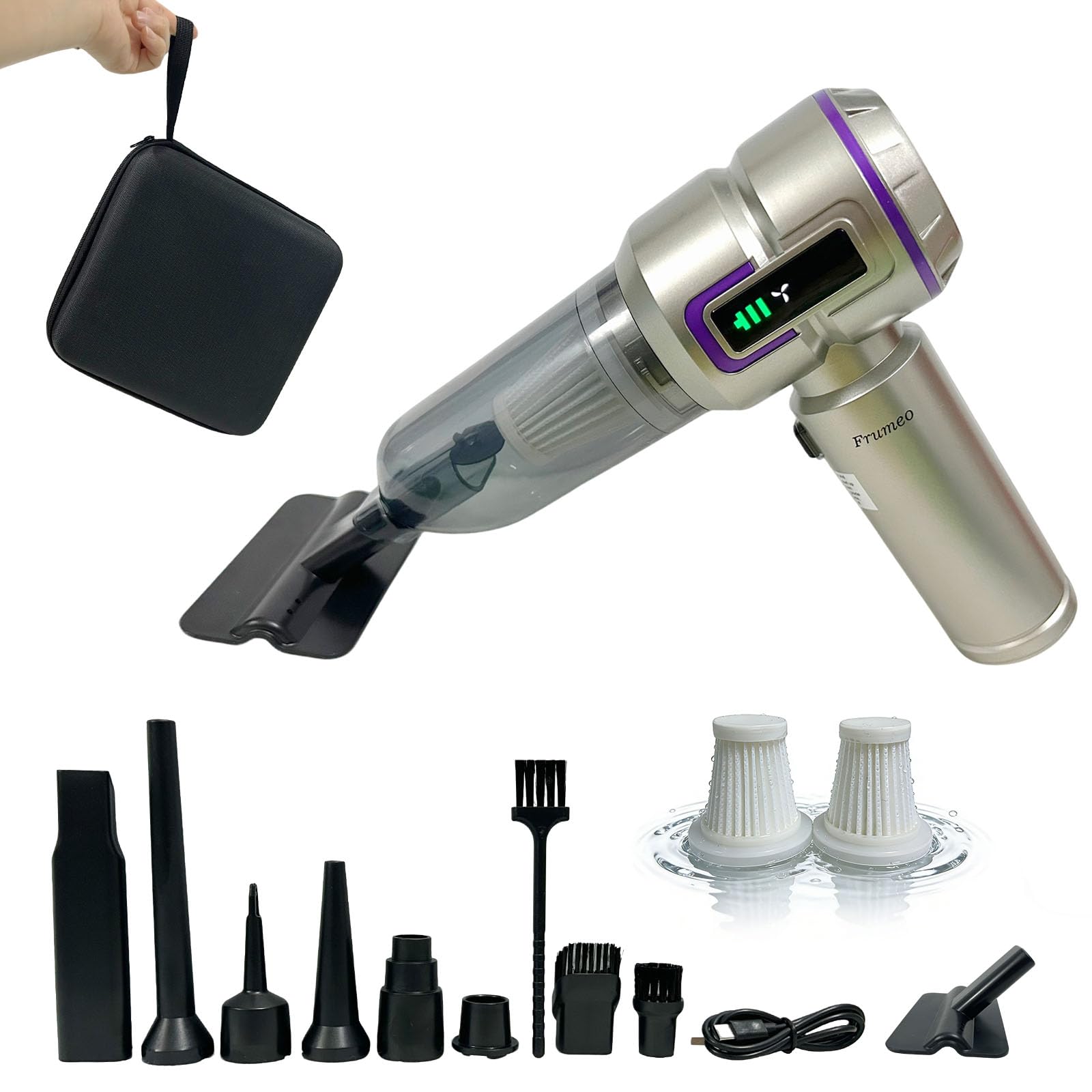 Frumeo 7-in-1 Powerful Car Vacuum Cleaner Cordless, 22000PA Mini Handheld Vacuum with LED Display, 3 Modes, Brushless Motor Portable Duster Blower Pump Hand Vacuum for Car, Home, Office - 2