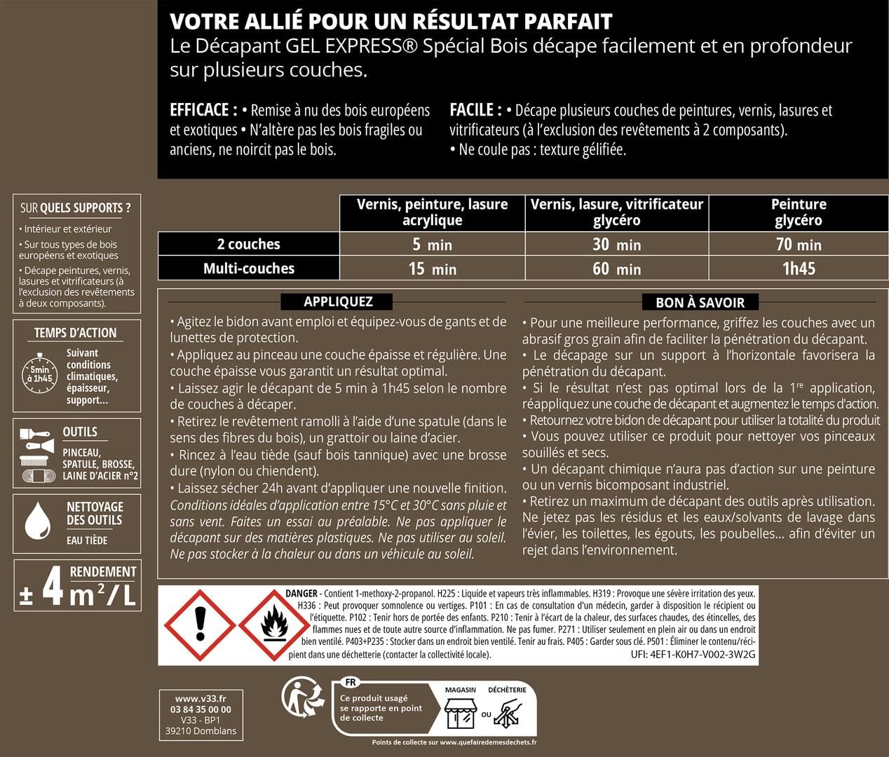 V33 Décapant gel express spécial bois 0,5L