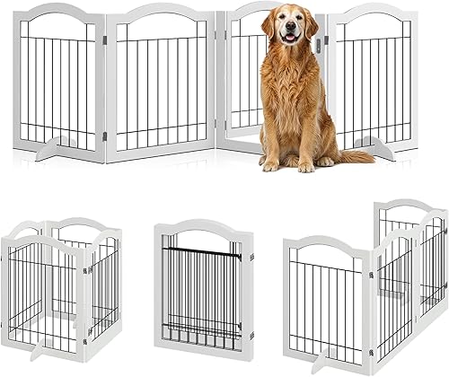 Miniatura 7 de Vantas Puerta plegable para mascotas sin ensamblaje de 144 pulgadas de ancho, puerta de madera para perros de 30 pulgadas de alto con puerta de