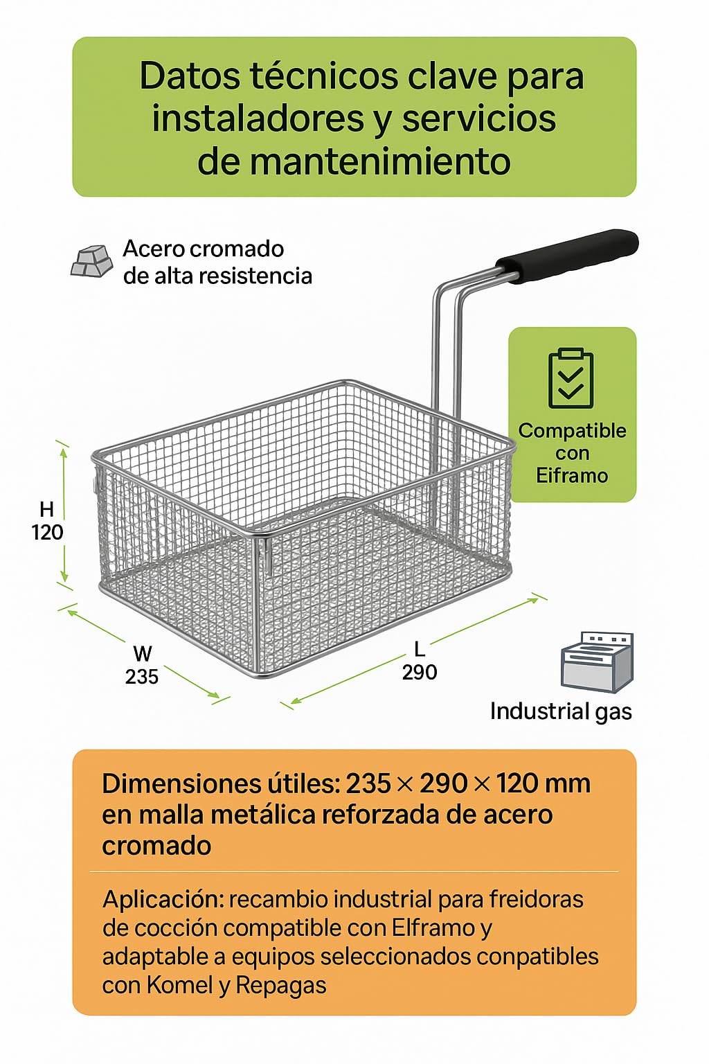CubetasGastronorm ® Cesta Freidora 235x290x120 Mm Acero Cromado Mango Aislante Repuesto Industrial compatible con Elframo Gas Electrica Hosteleria Cocina Profesional Taller Reparacion y Hogar Pro