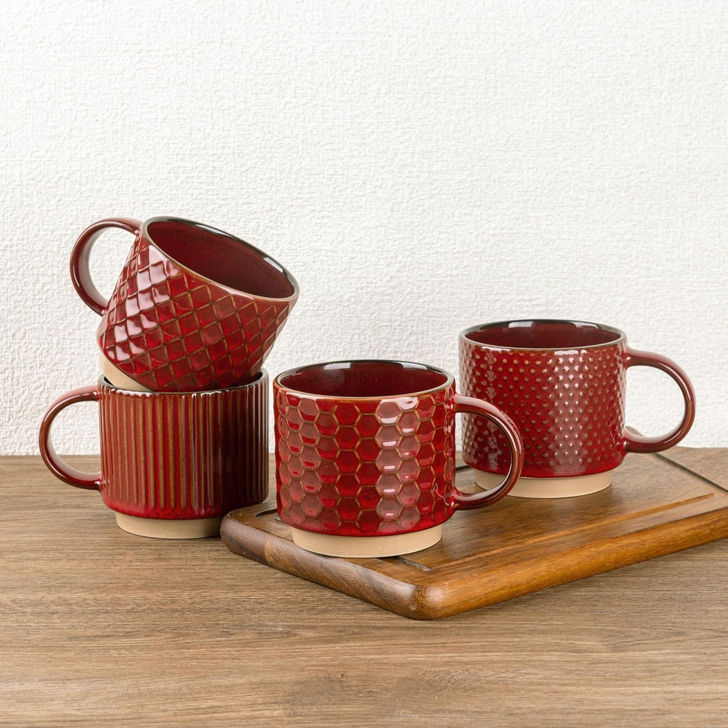 GBhome Set of 4 Stackable Ceramic Coffee Mugs 350ml - Textured Modern Cups for Tea/Latte/Cappuccino, Dishwasher & Microwave Safe, Gift for Men/Women โ image 1