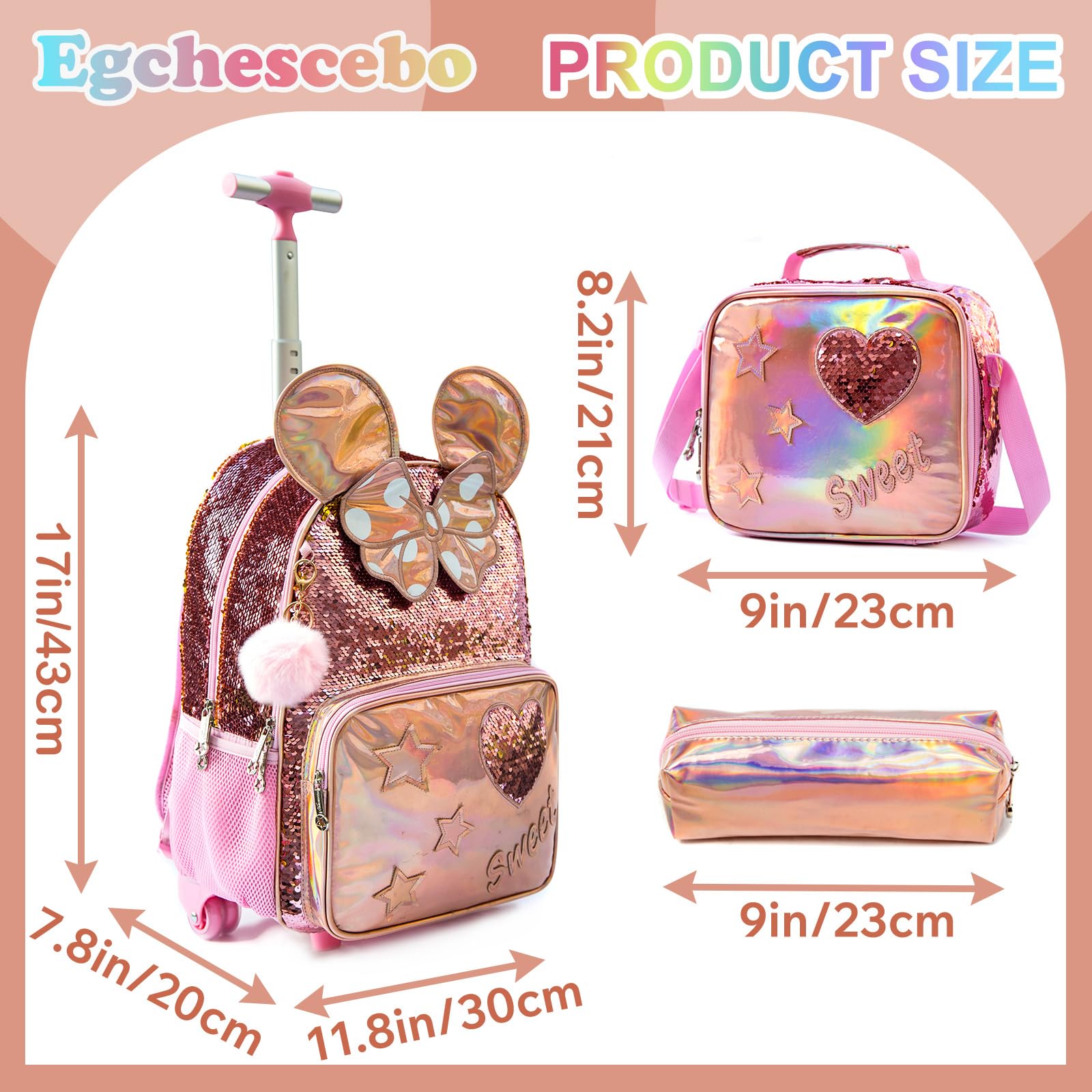 Sac a Dos Grandes Oreilles Enfant Roulette Fille Primaire Valise École Maternelle Sacs à D'école pour Voyage Cabine de Bagages 3PCS Ensemble Grand Cartable Étudiant Simple Perles Champagne