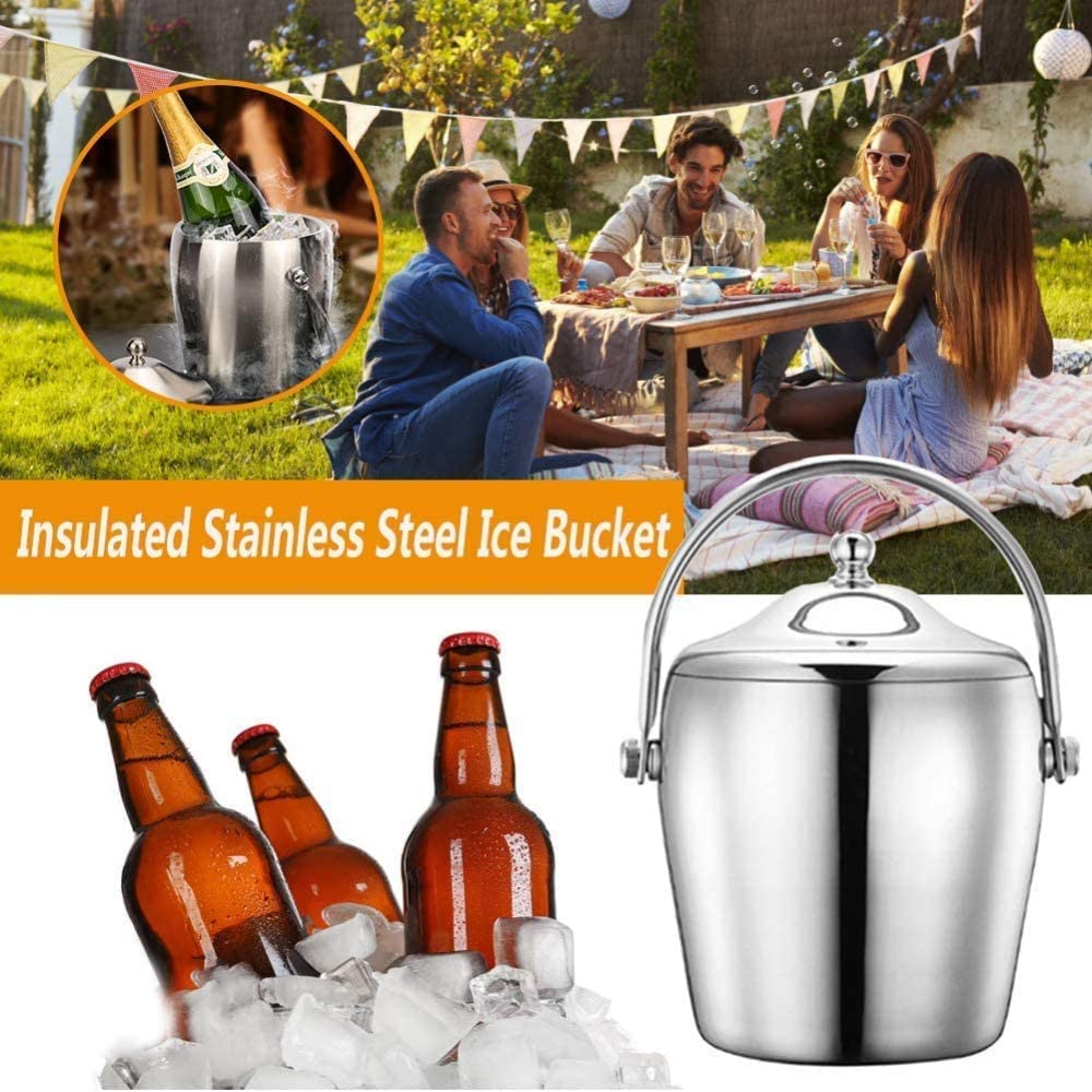 Juego de cubitera y pinzas para hielo, cubitera con tapa para cubitos de hielo, enfriador de vino de acero inoxidable, cubitera, enfriador de hielo, aislamiento de doble pared para un enfriamient